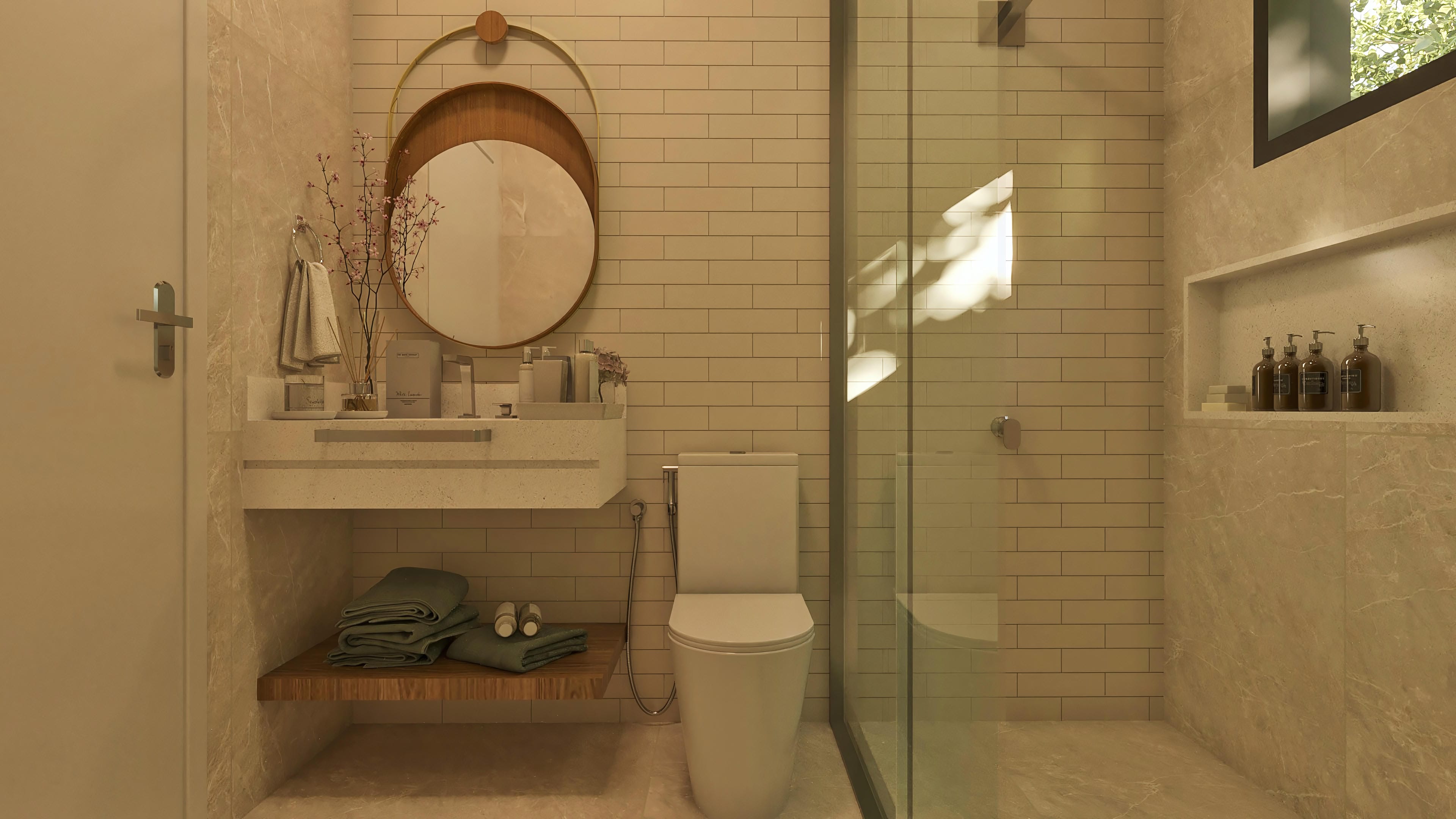 Bathroom with marbled porcelain and small brick cladding, niche with dispensers, rounded mirror, and tempered glass shower enclosure.