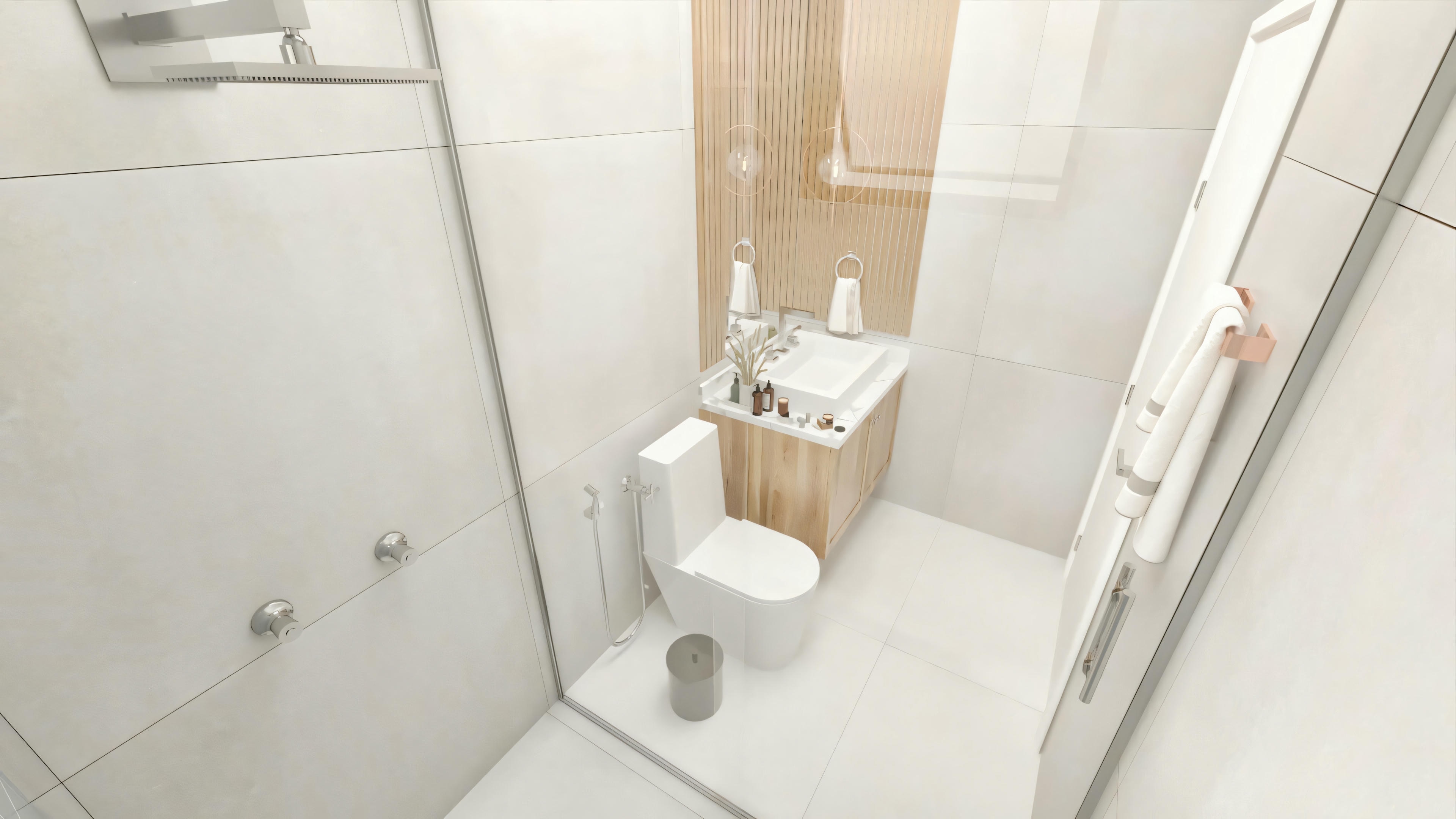 Modern bathroom with sink, mirror, and wooden cabinets.