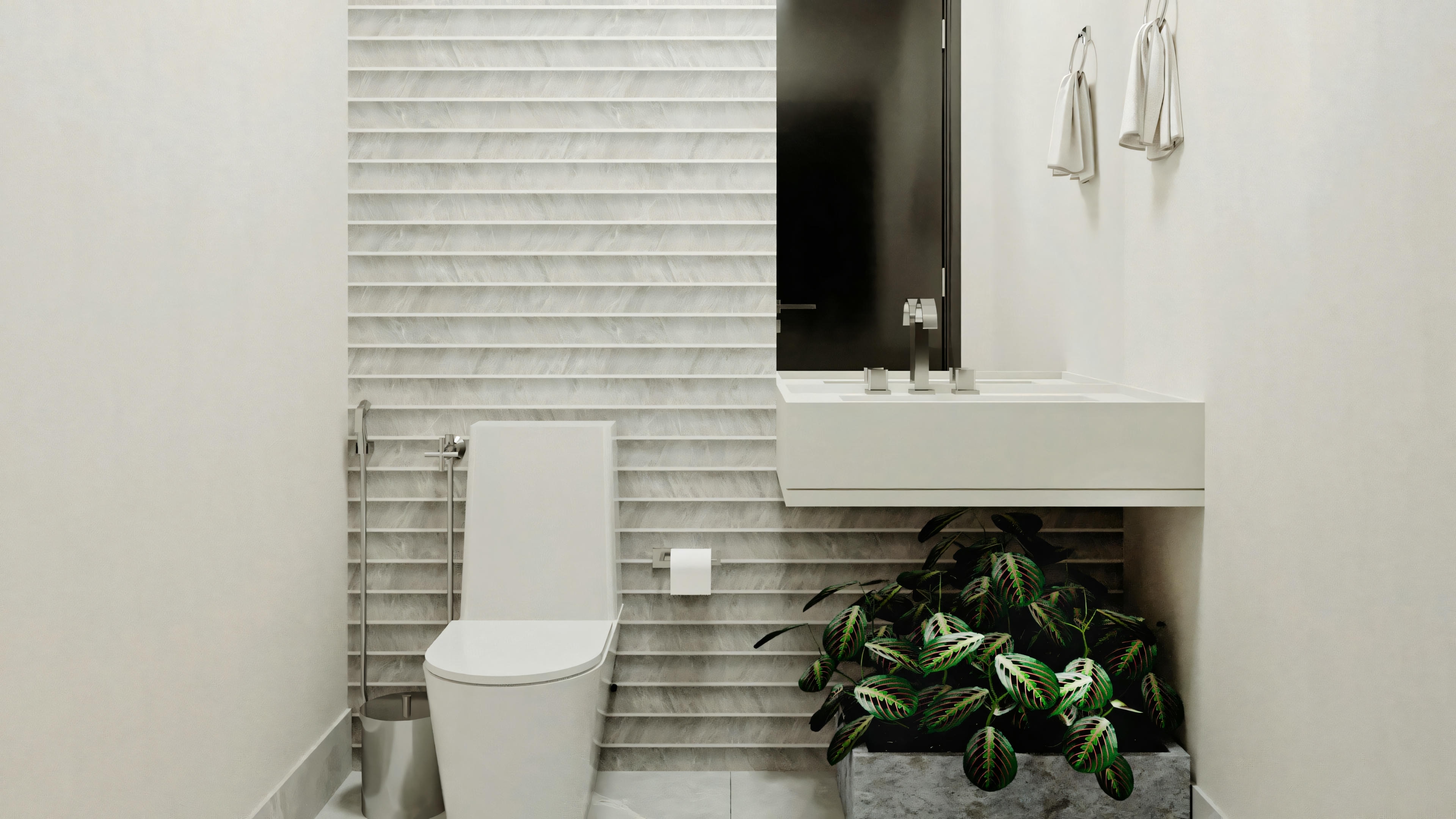 Bathroom with white walls, sink, mirror, toilet, and some vegetation in the corner.