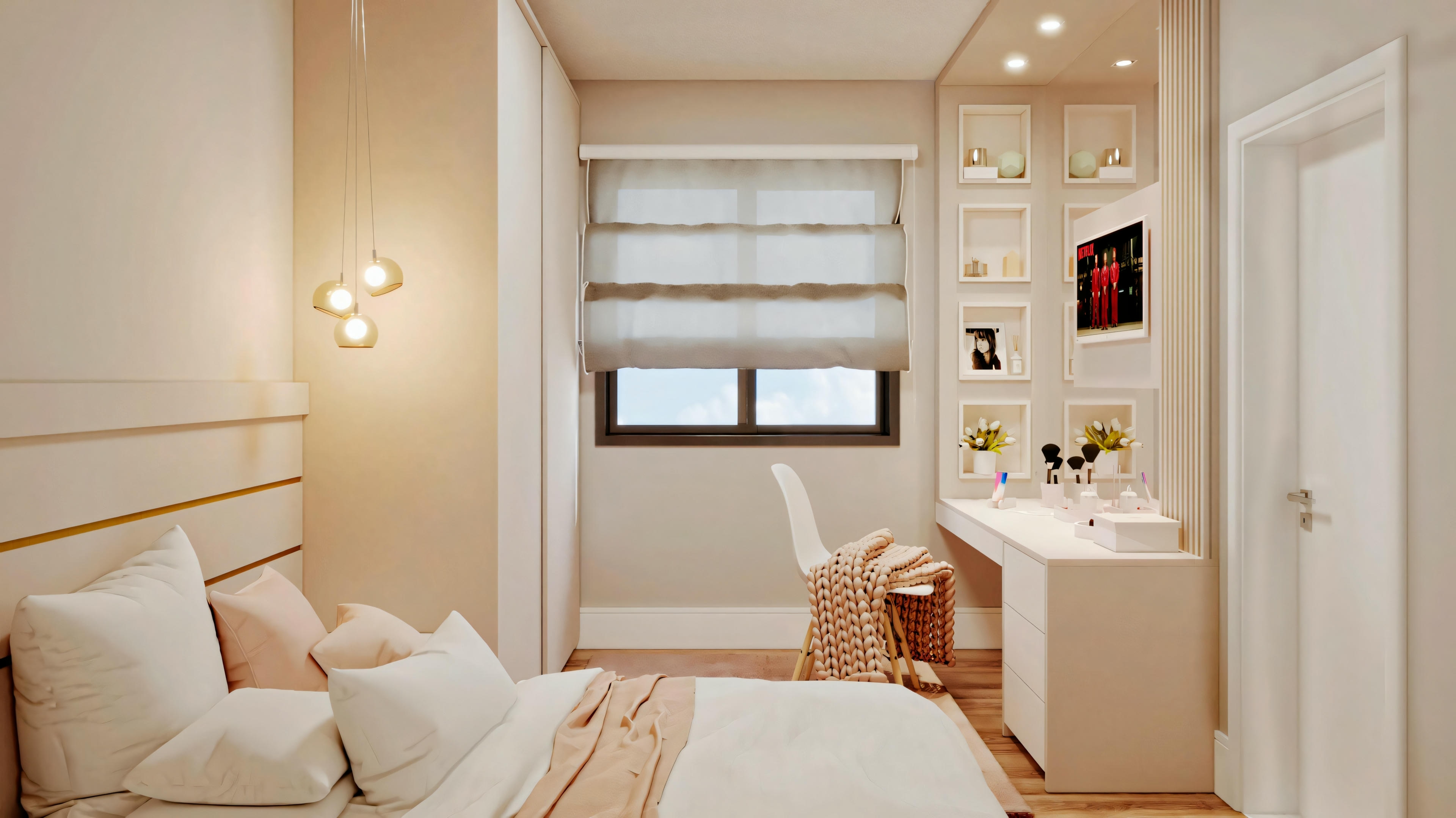 Bedroom with a bed, nightstands, lamps, and pictures on the wall.