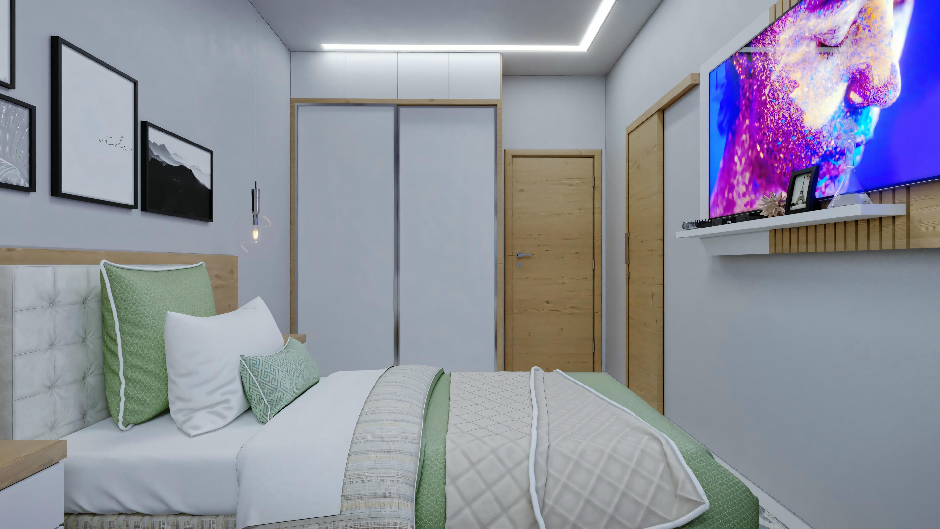 A bedroom with a large bed, a wall-mounted television displaying colorful abstract art, and a plant in the corner.