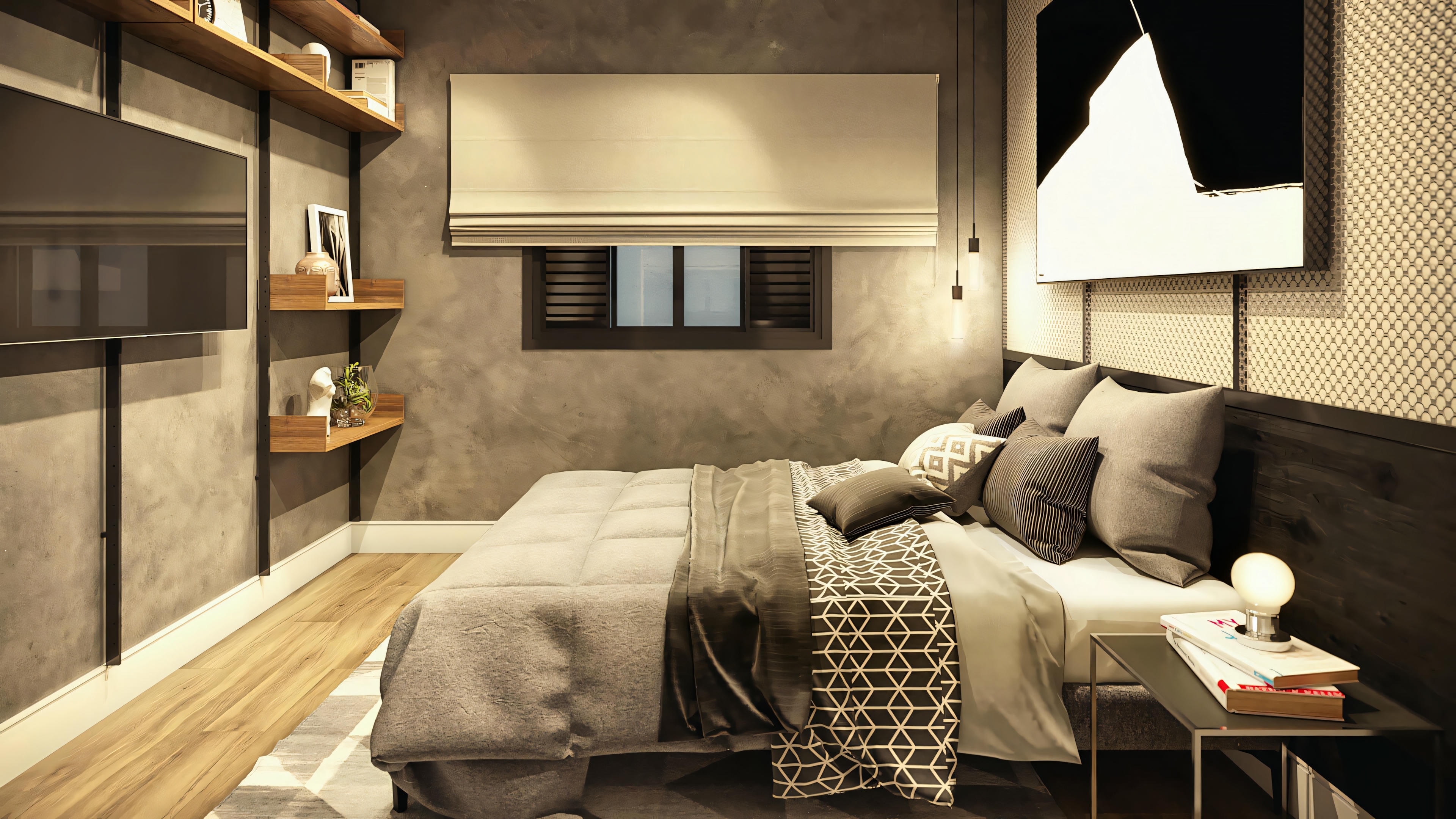 Modern bedroom with a large bed, seating area at the foot of the bed, and warm lighting.
