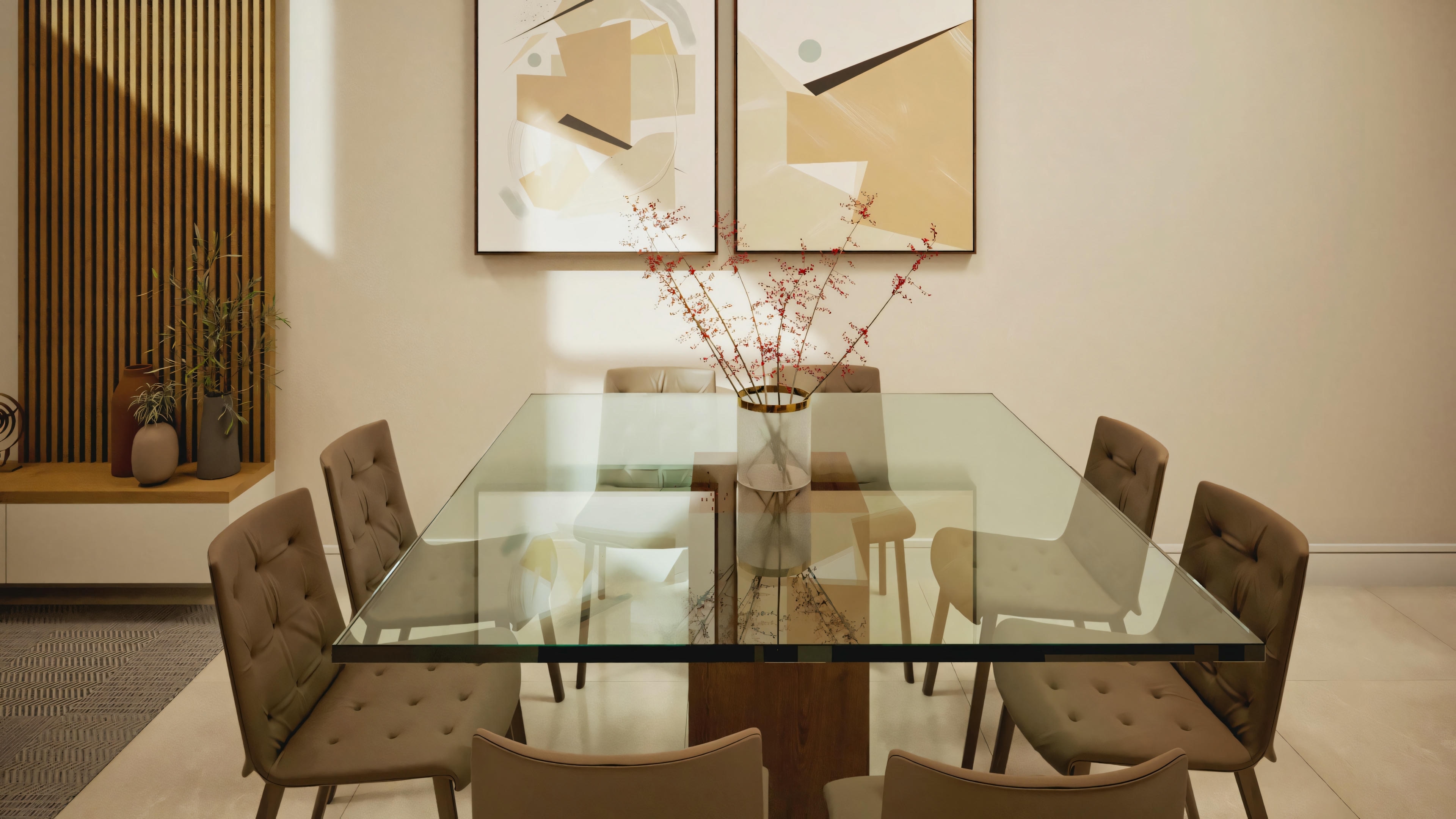 Modern dining area with a glass table, six chairs, and a pendant light fixture.
