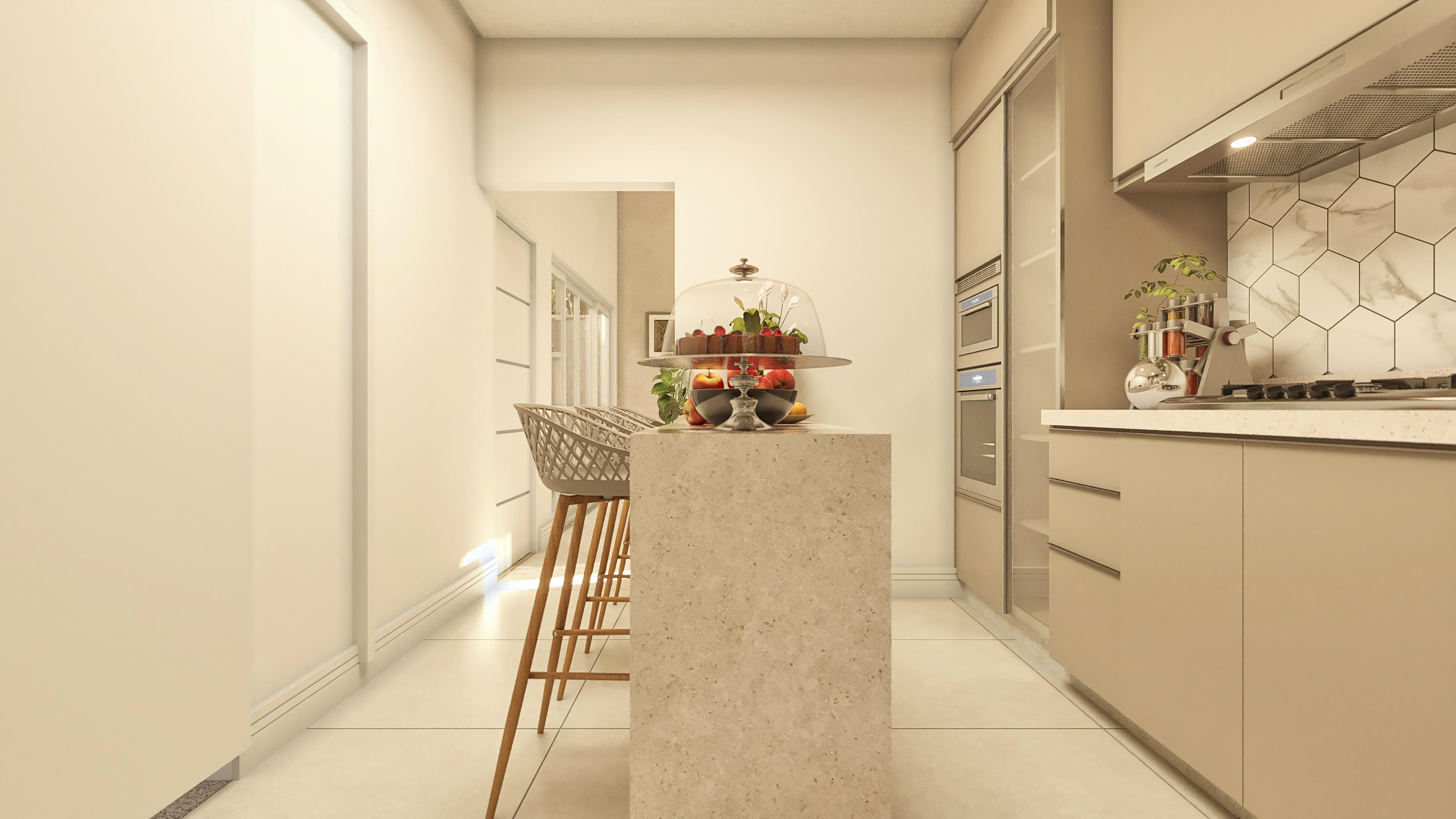 Modern interior with a kitchen island in light stone and a counter with chairs. Neutral-tone cabinets and wall with hexagonal cladding.