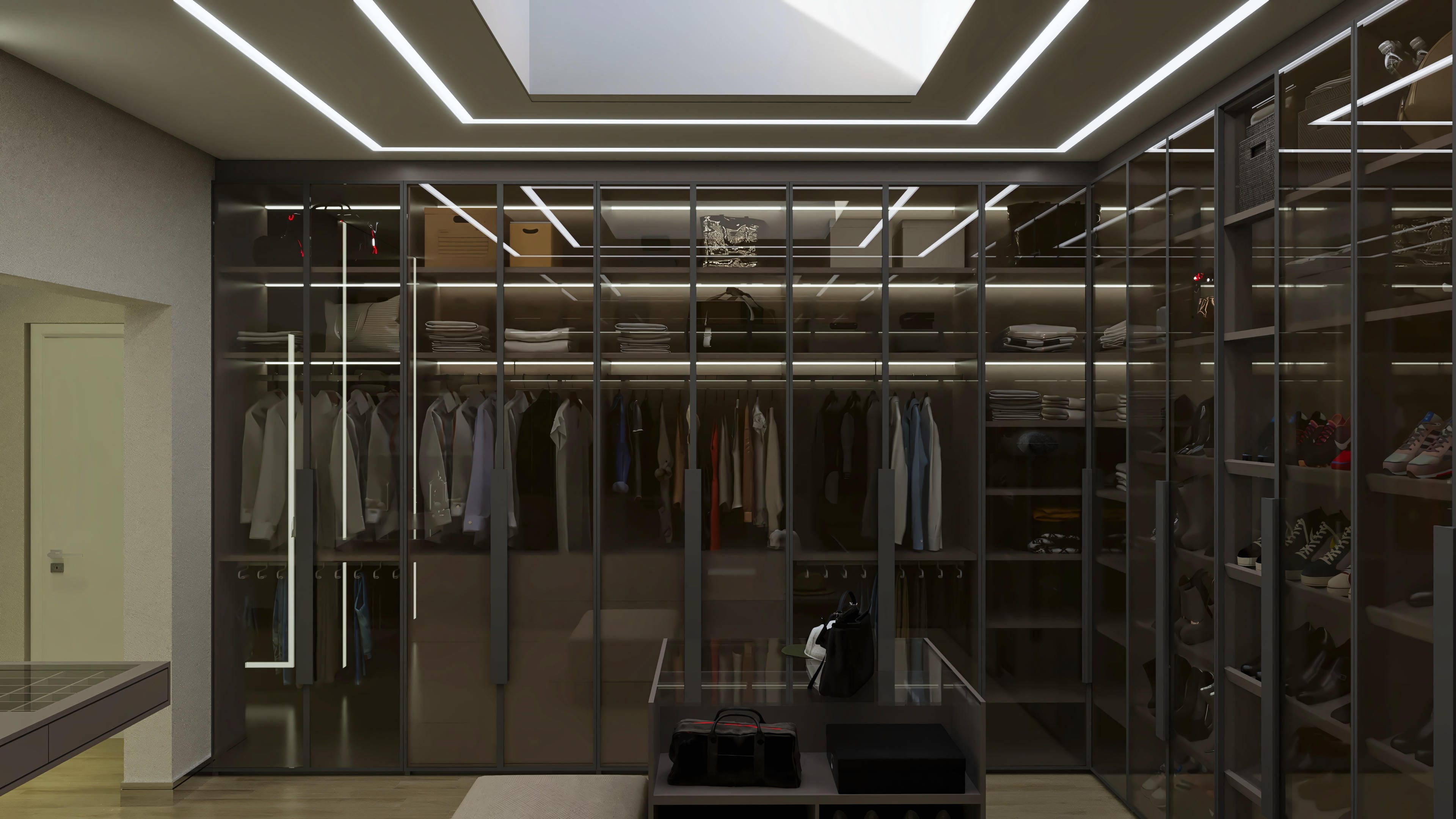 Spacious modern closet with custom cabinets, LED lighting, mirrored glass doors, and organization for clothes and shoes.