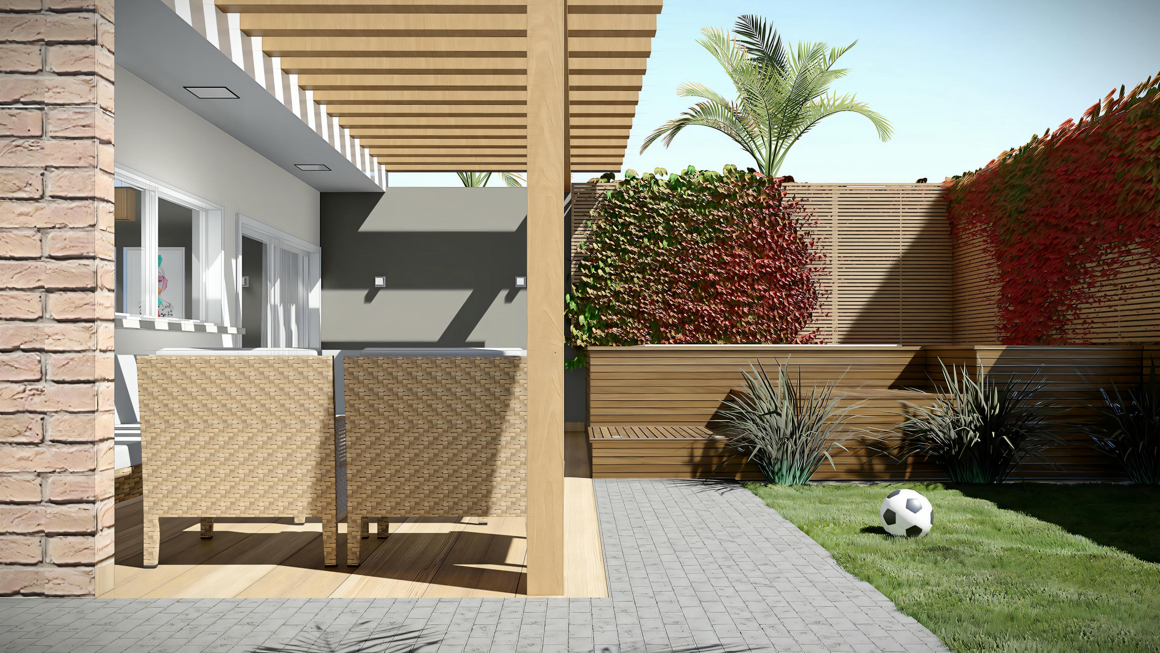 Digital rendering of a modern house with a patio area. There is outdoor furniture, including chairs and a table, and the garden area has green grass, plants, and trees.