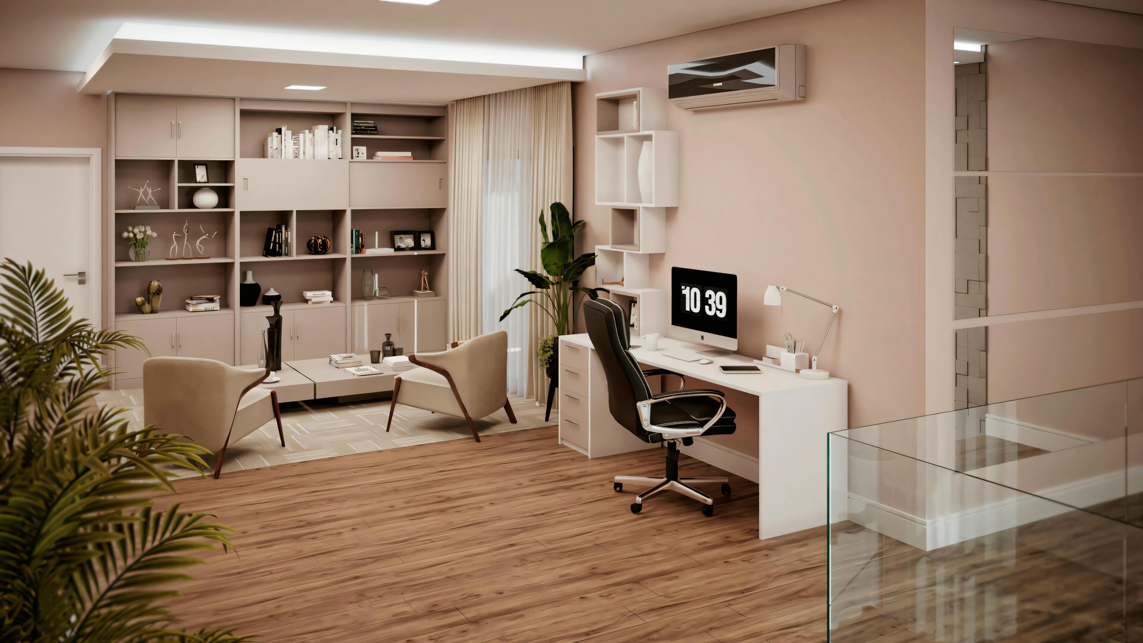 A modern living room with a sofa, armchair, coffee table, and entertainment unit with a television. There is also a workspace with a desk and computer to the right.