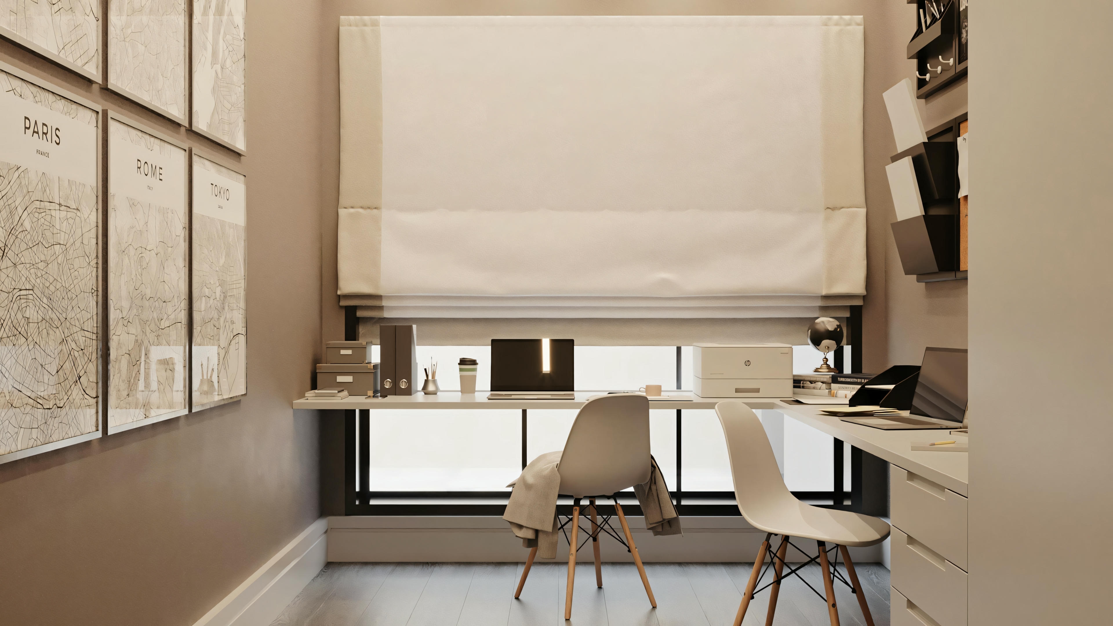 A modern, well-lit office with a large window, a desk with two chairs, and shelves above. There is a bulletin board on the left wall with papers attached.
