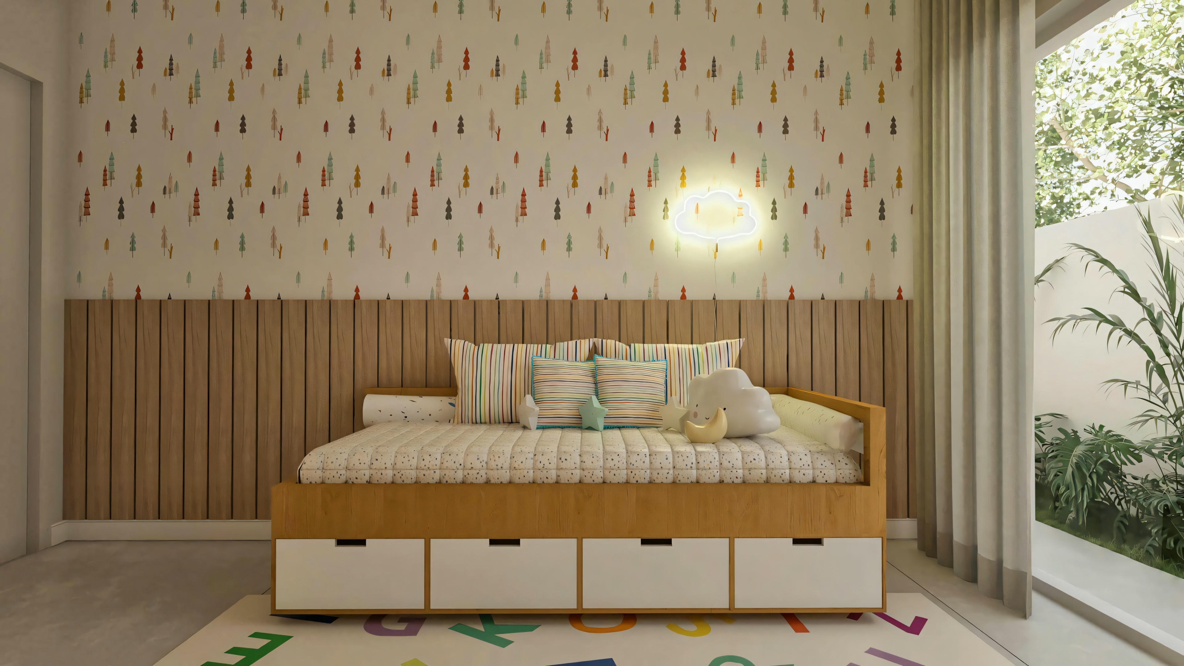 Photo of one of the 3 bedrooms in a modern single-story house project (203.67m² plan). The room has a multifunctional bed with drawers, wood panel, patterned wallpaper, and access to an external area or large window.