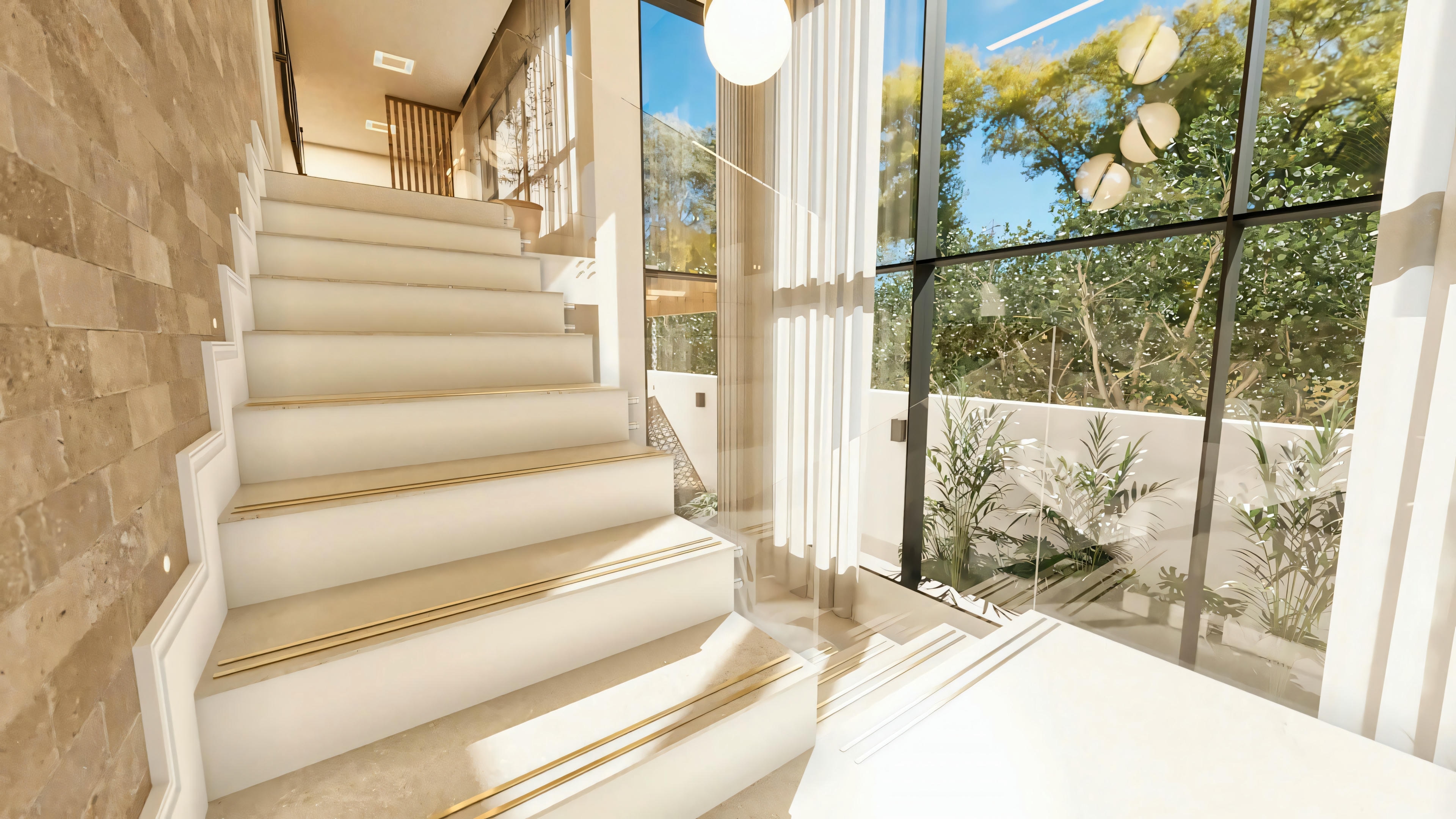 Internal staircase of the two-story house architectural project, featuring light steps, a side wall with stone cladding, a contemporary design railing, and large glass panels offering a view of the external garden and abundant natural lighting.