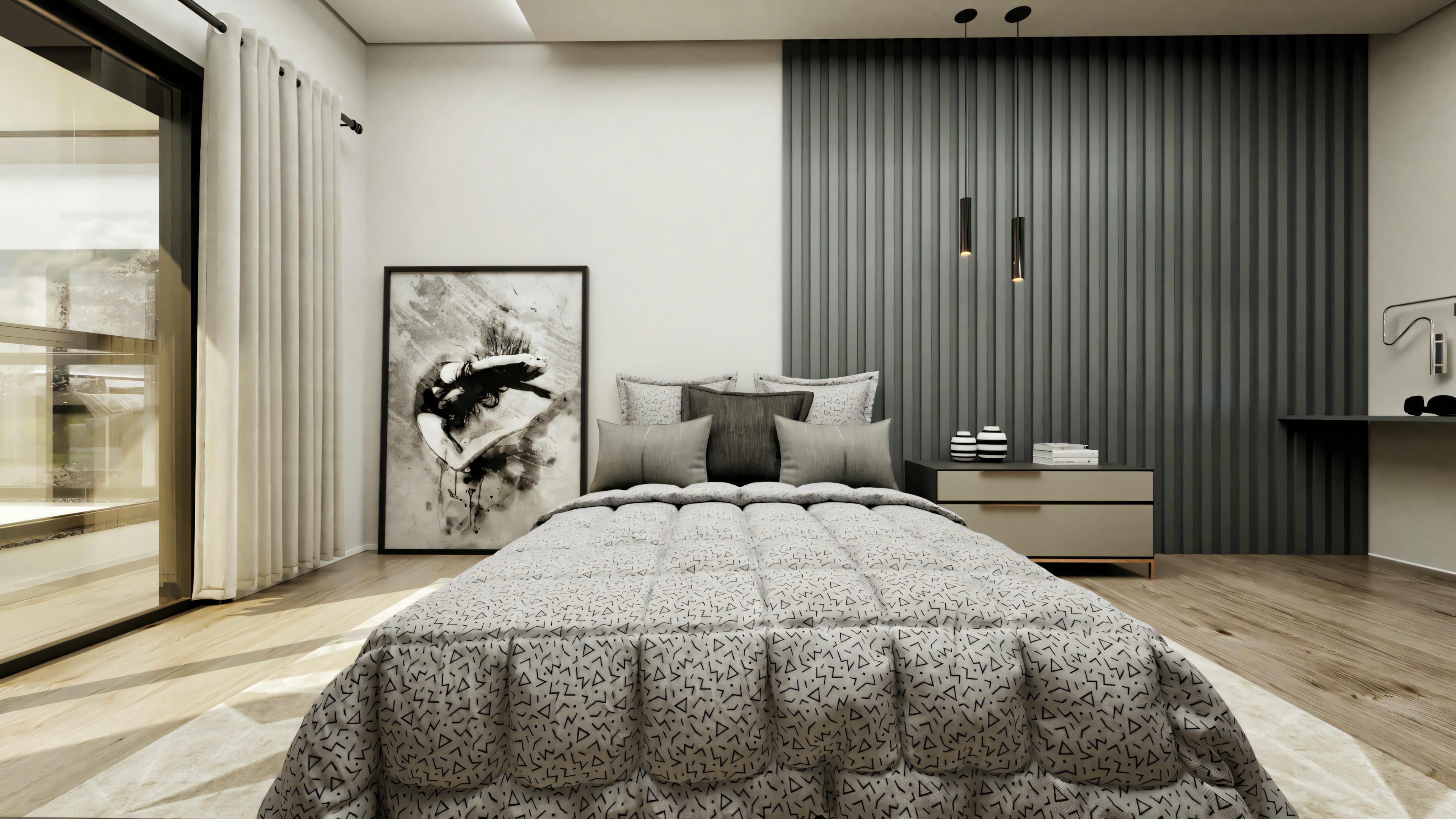 Suite bedroom of a modern type 4 house, decorated with a double bed, vertical slatted headboard panel in a dark tone, side table, pendant lighting, and wood flooring.