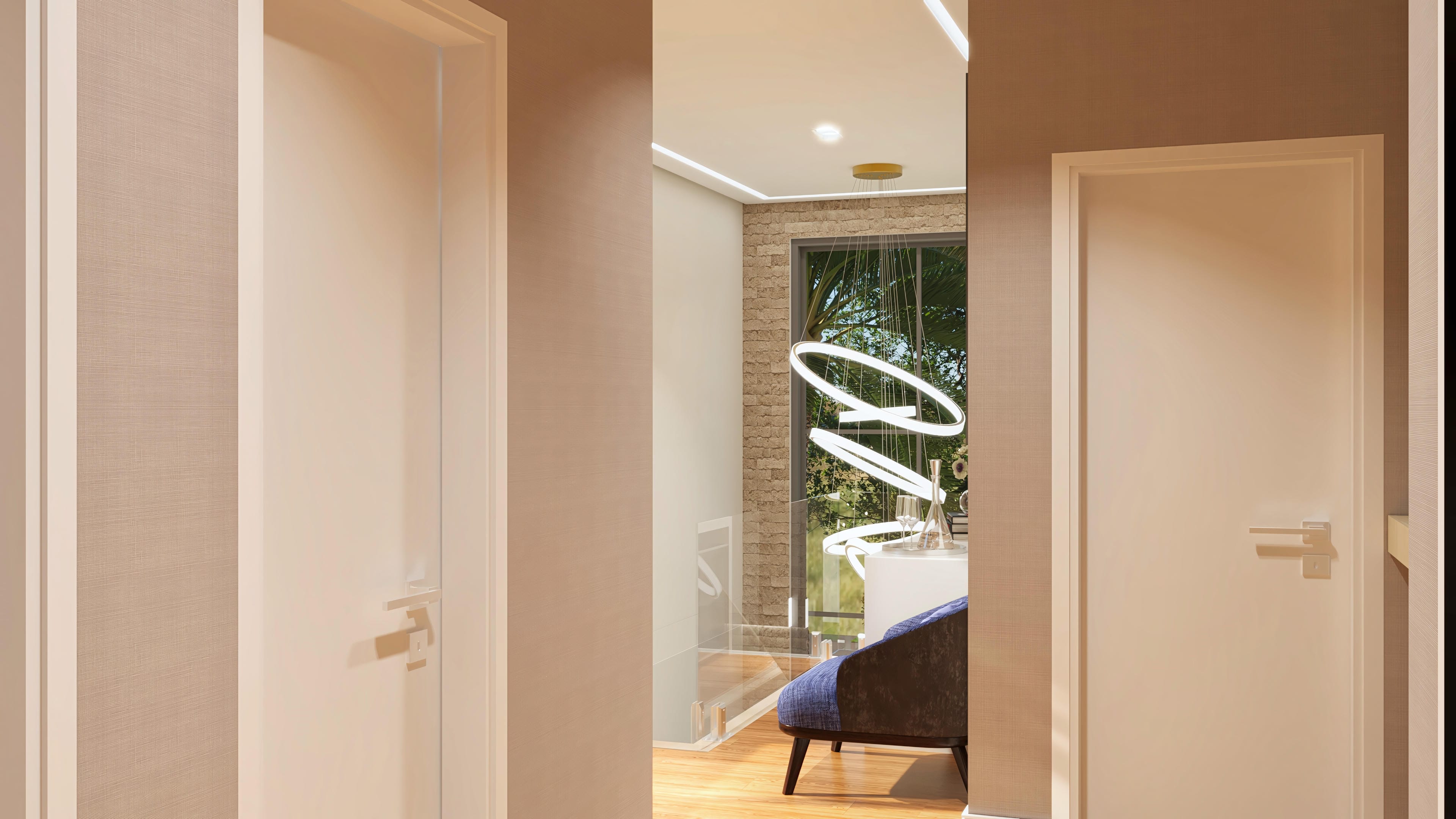 Interior of a modern two-story house with neutral-toned walls, stone details, and sophisticated lighting with a circular pendant chandelier. The external view reveals lush landscaping.