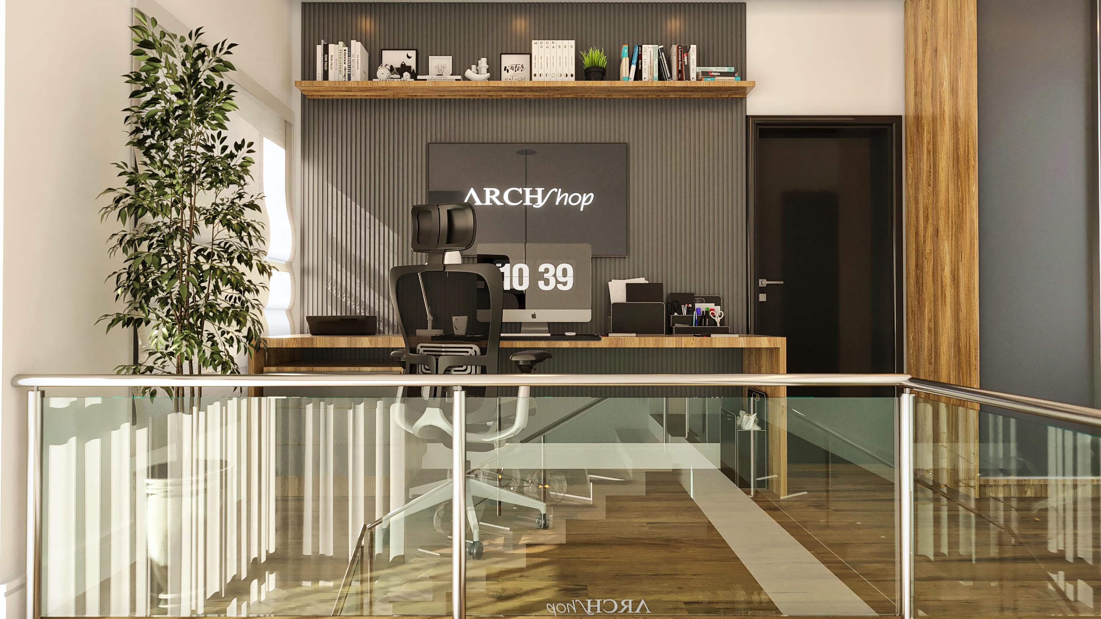 Interior de una oficina moderna con piso de madera, pared texturizada en rayas verticales grises y detalles en madera natural. Un escritorio con ordenador y objetos de decoración completa el ambiente.