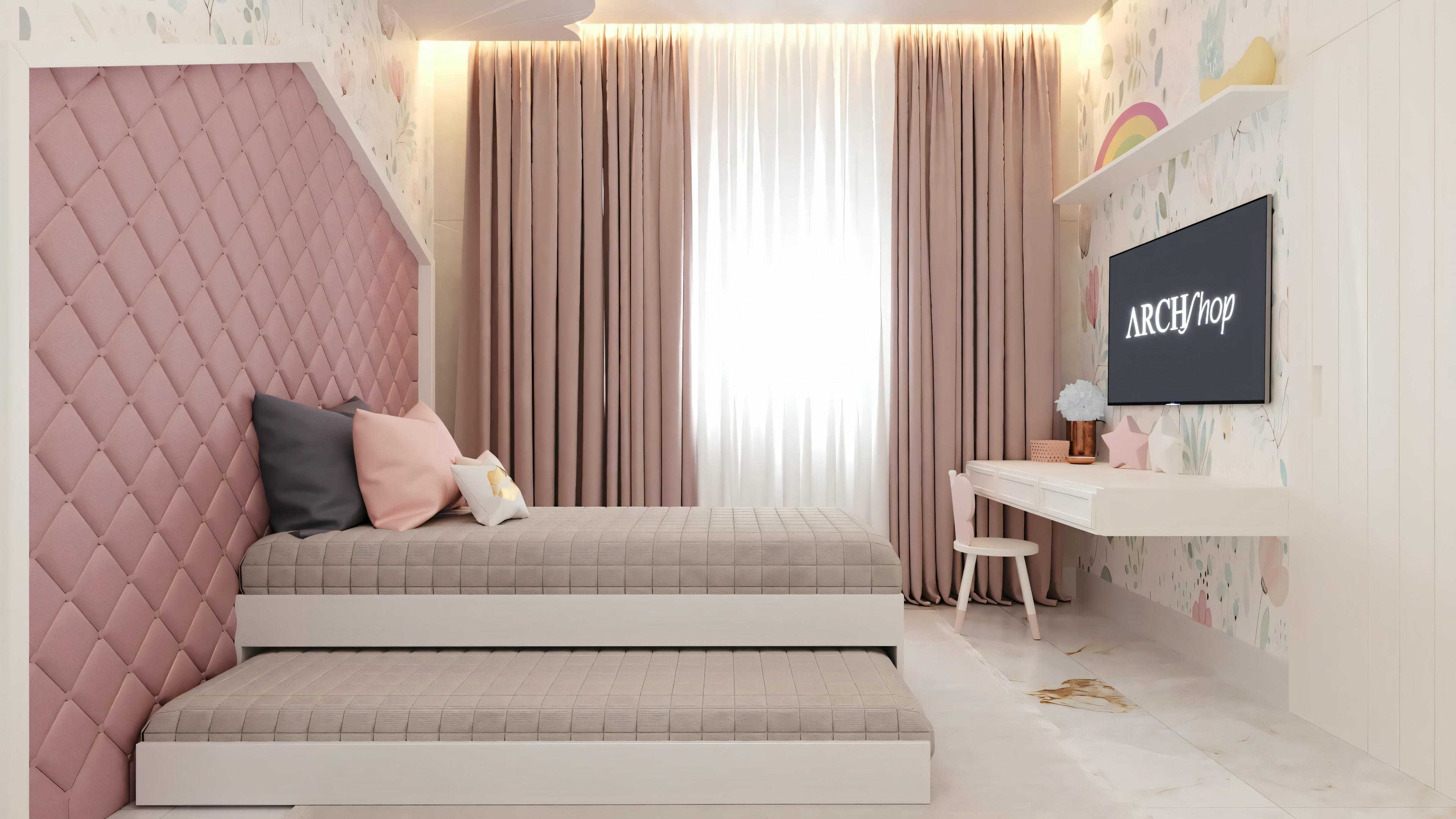 A living room with a pink wall panel, white sofa, and television on a light wall with sheer curtains.