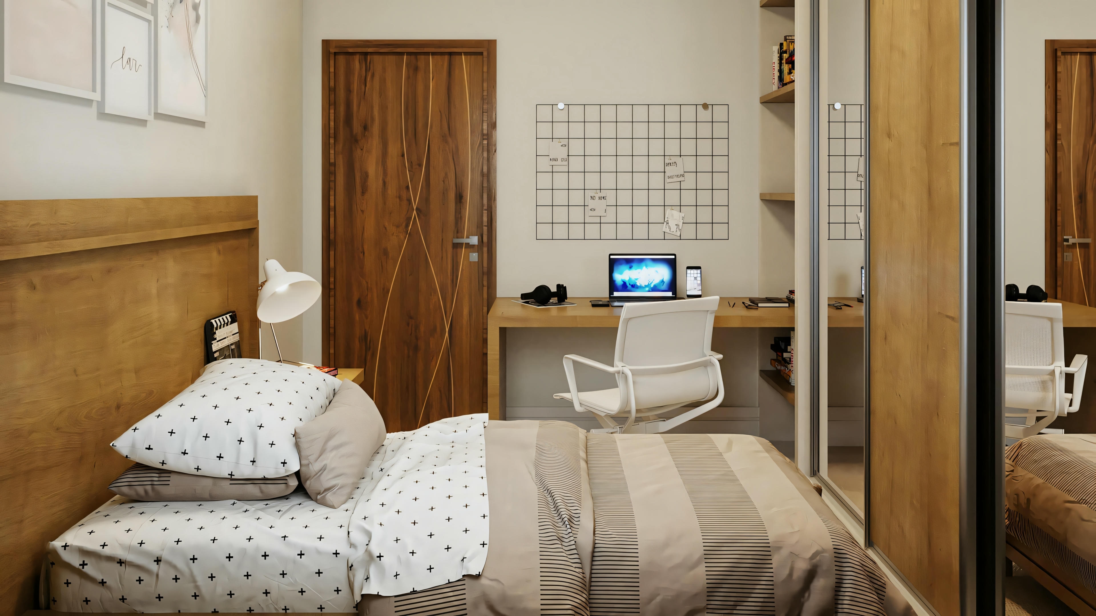 Outra perspectiva do terceiro quarto da casa térrea do projeto pronto com 3 quartos (2 suítes). Detalhe para a bancada de estudos equipada, cama de solteiro com cabeceira em madeira, porta de madeira e guarda-roupa com espelho.