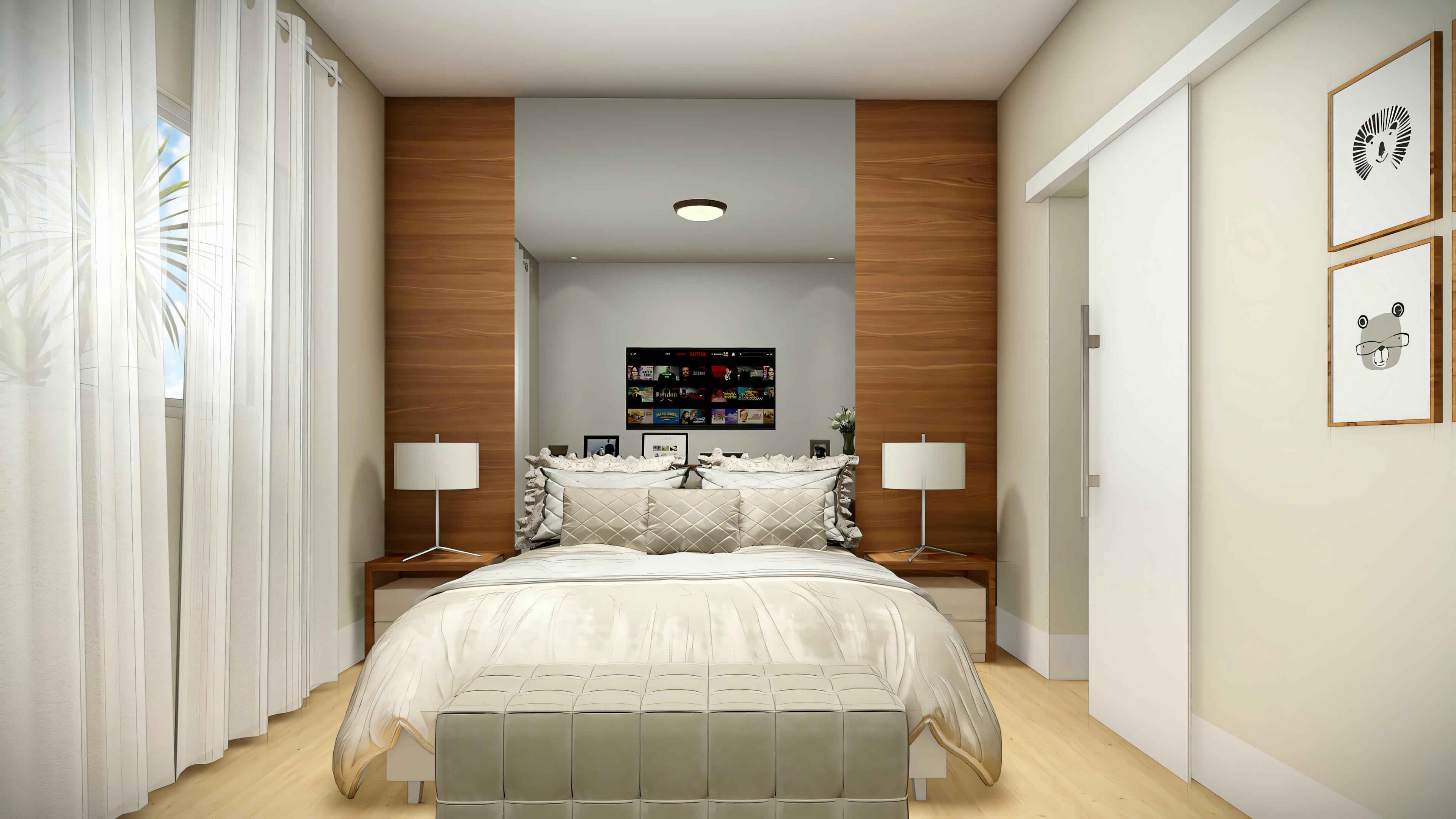 Um quarto com uma cama e mesas de cabeceira.