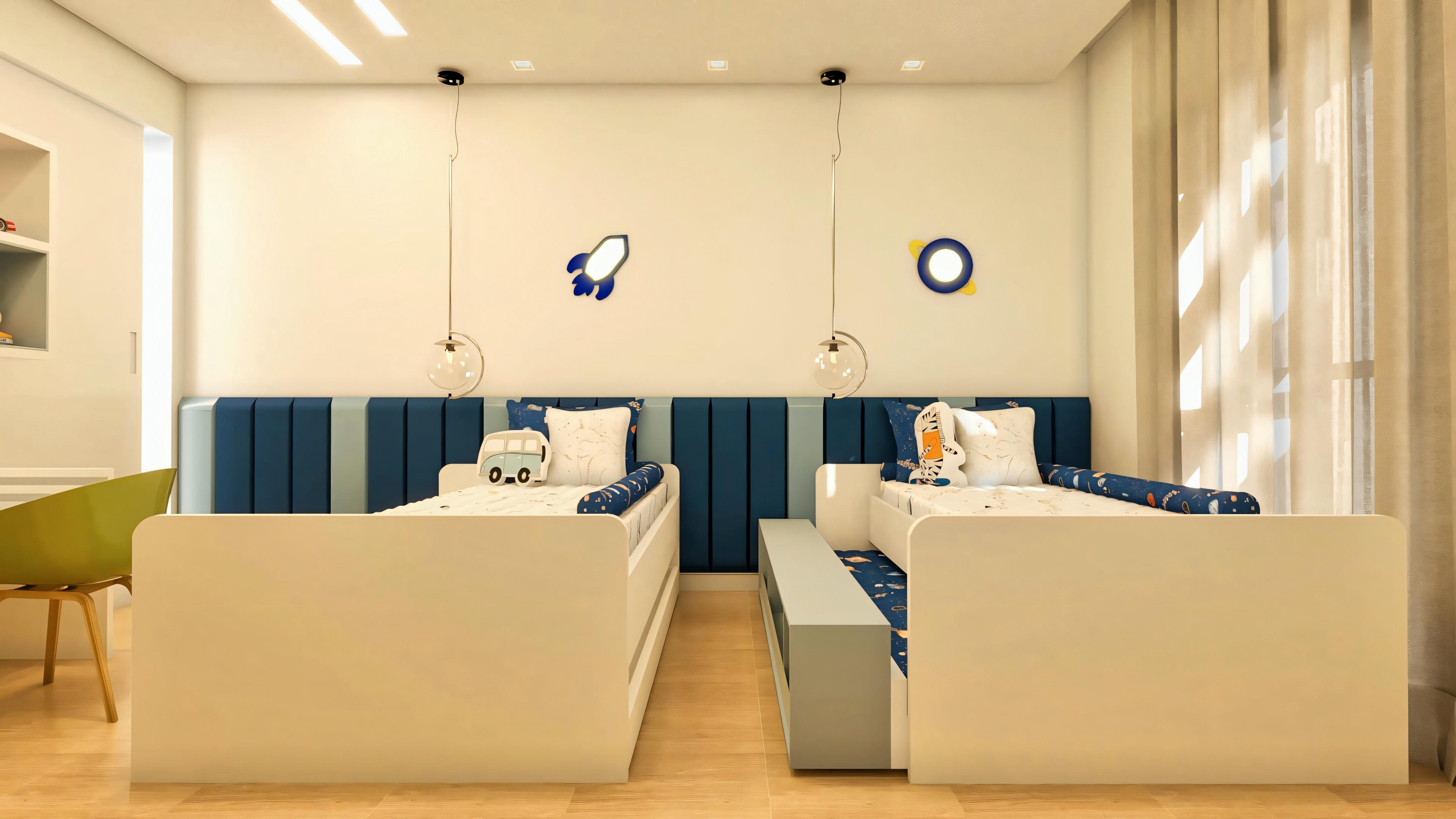 Quarto infantil temático com duas camas em suíte de projeto de casa de luxo com 4 suítes.