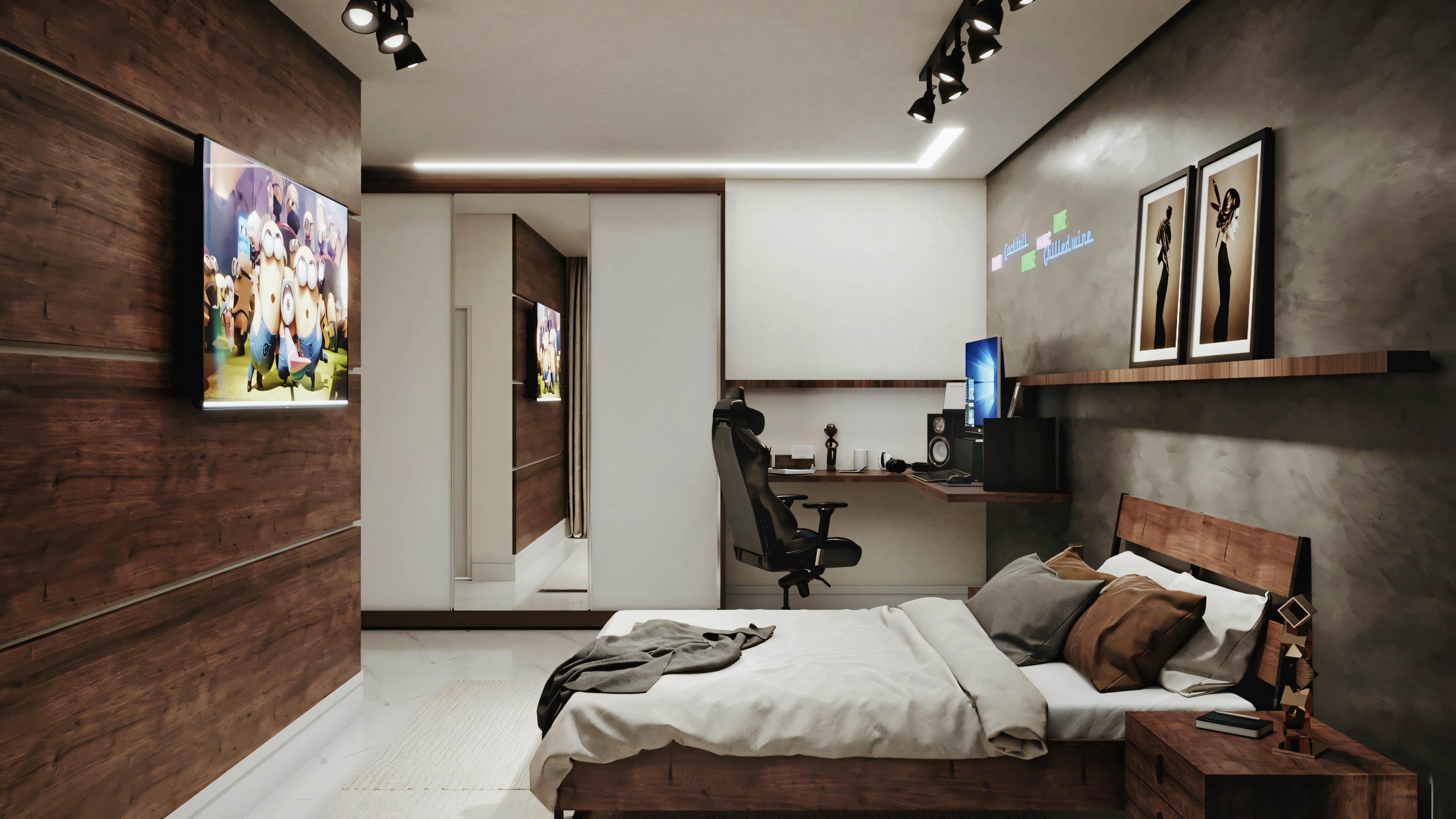 Um quarto com uma cama grande, mesas laterais e uma área de trabalho com um computador. As paredes têm painéis de madeira e há luminárias modernas.