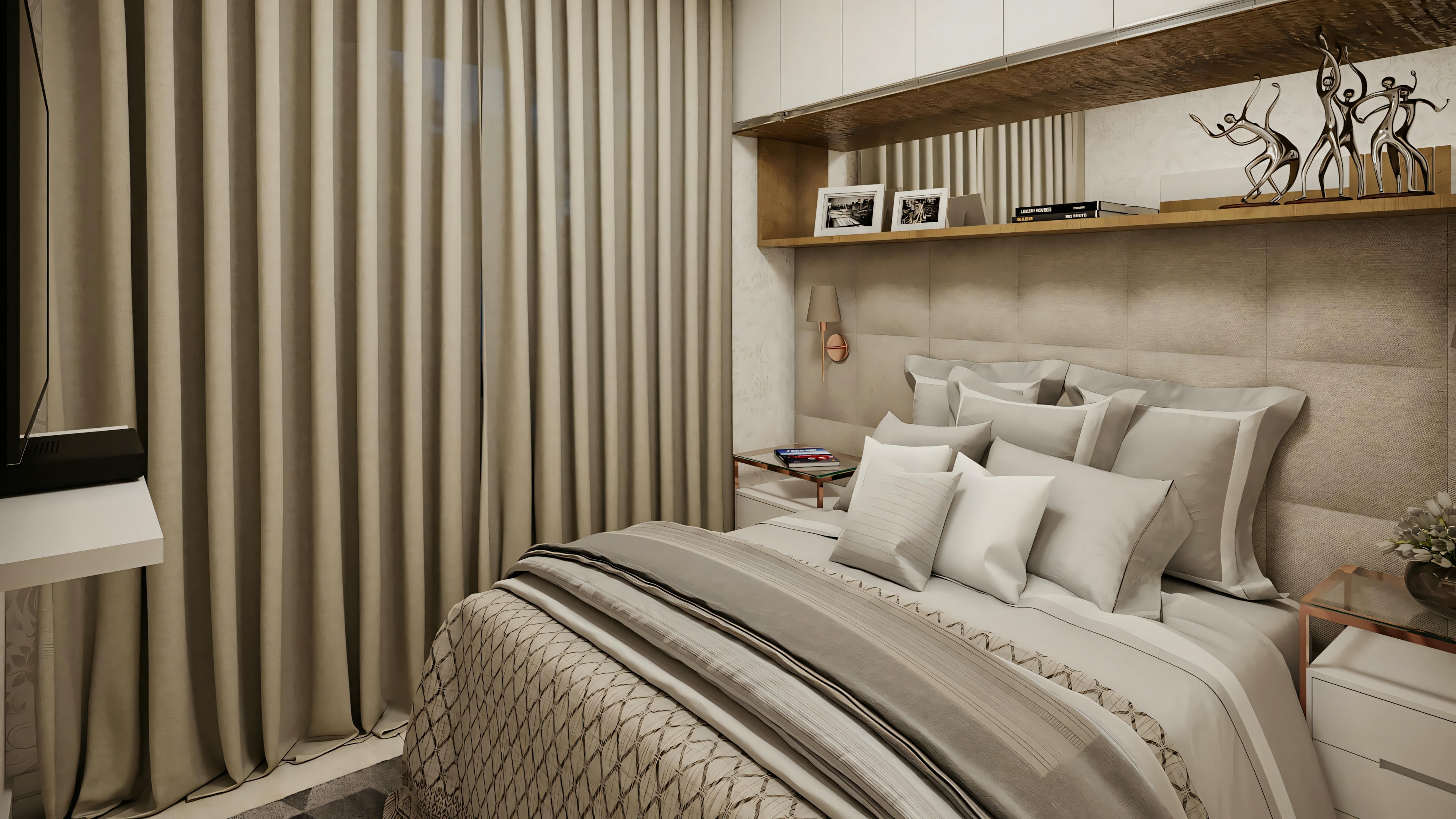 Um quarto moderno com cama bem arrumada, prateleira decorativa acima da cama e painel decorativo na parede.
