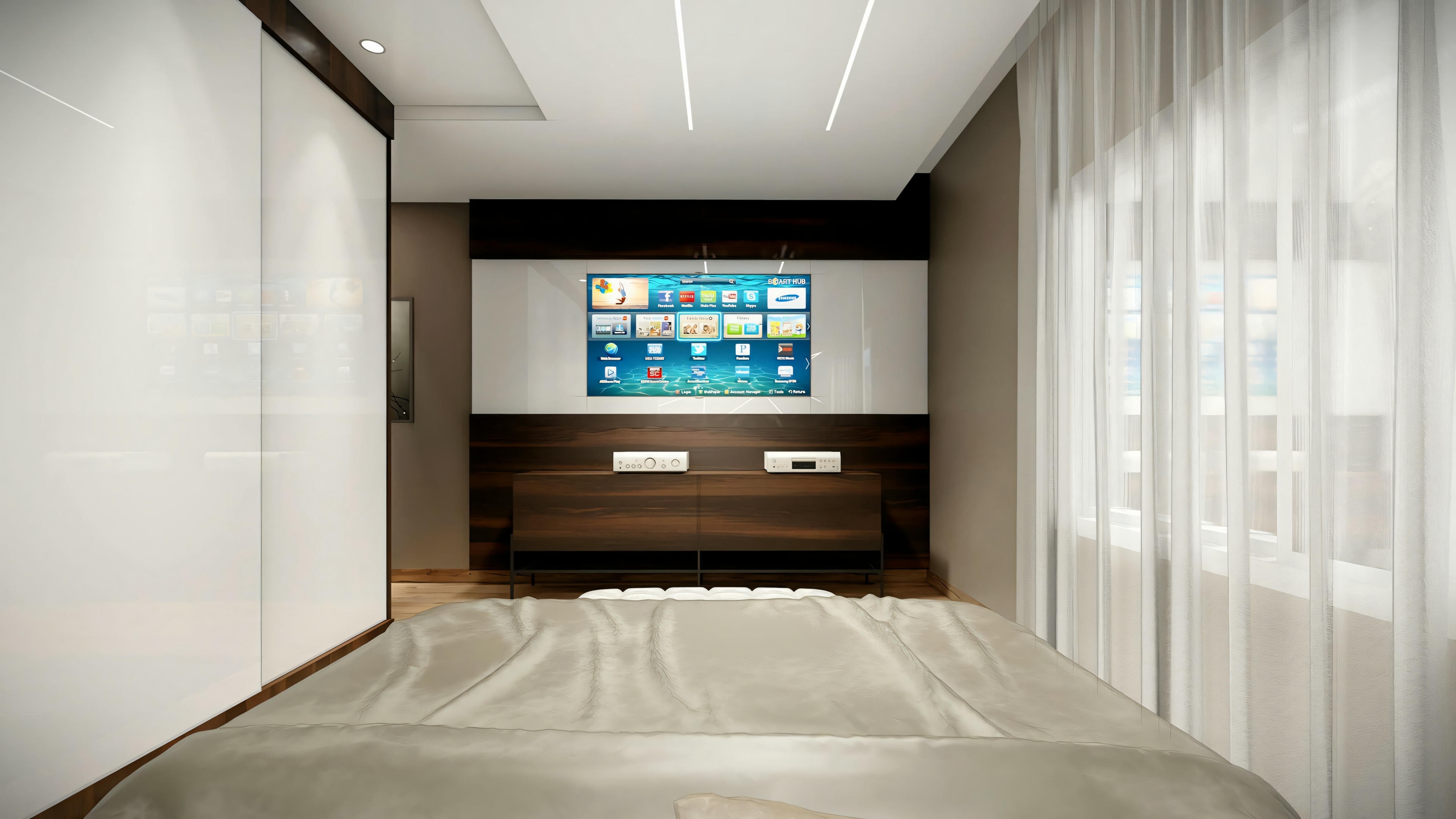 Dormitorio moderno con cama tapizada, paneles de madera en la pared, iluminación empotrada y una obra de arte o pantalla de televisión en la pared opuesta.