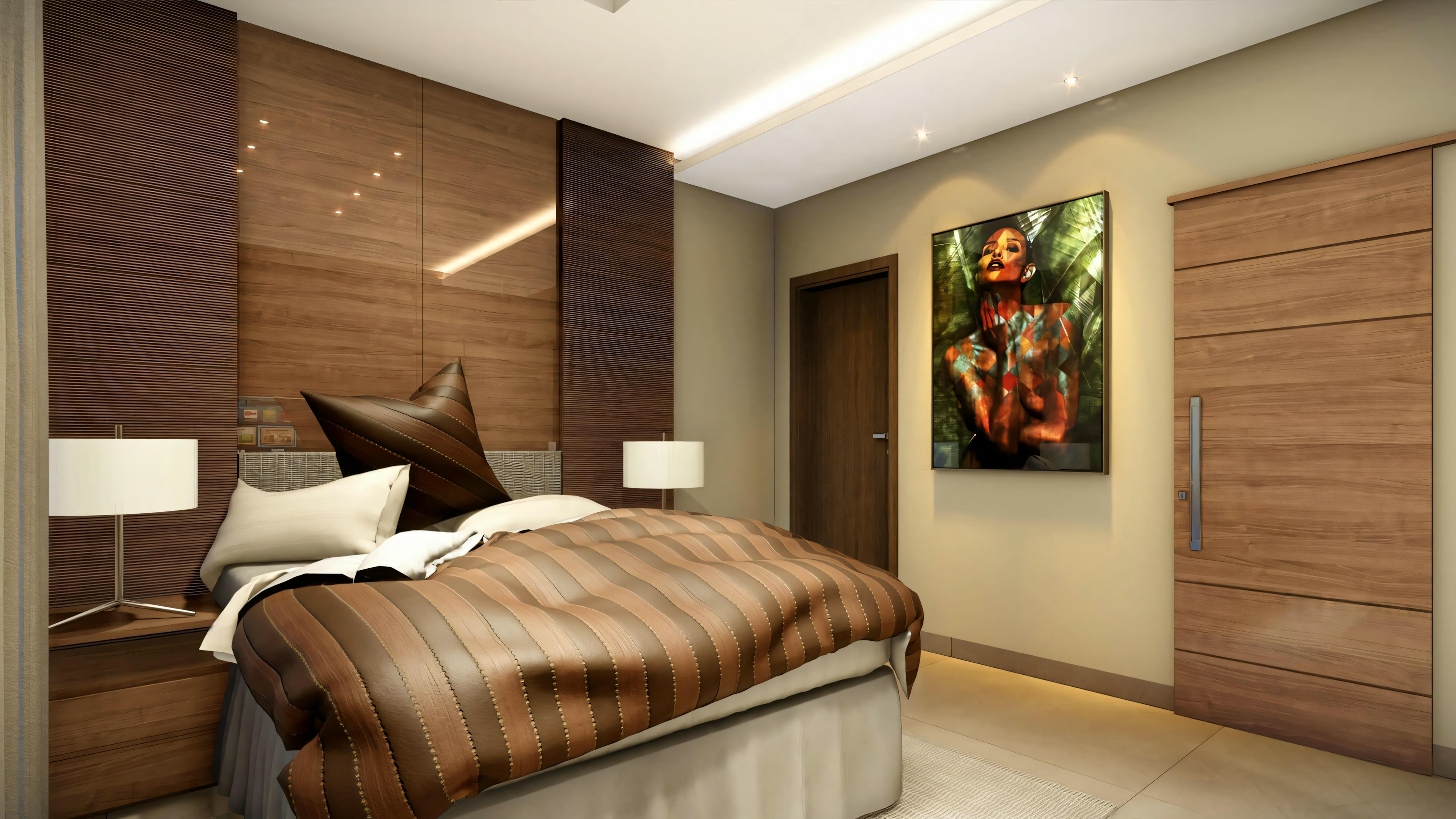 Quarto com cama de roupa de cama marrom, cabeceira clara e obra de arte acima da cama.