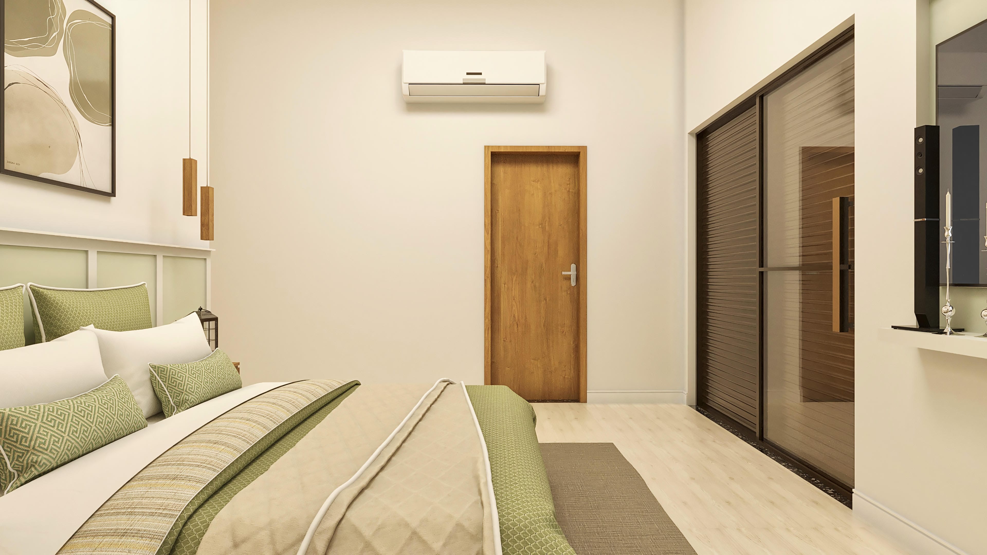 Interior de quarto aconchegante com cama de casal, lençóis em tons claros e detalhes em verde menta. Uma porta de madeira maciça e um grande armário espelhado complementam o ambiente.