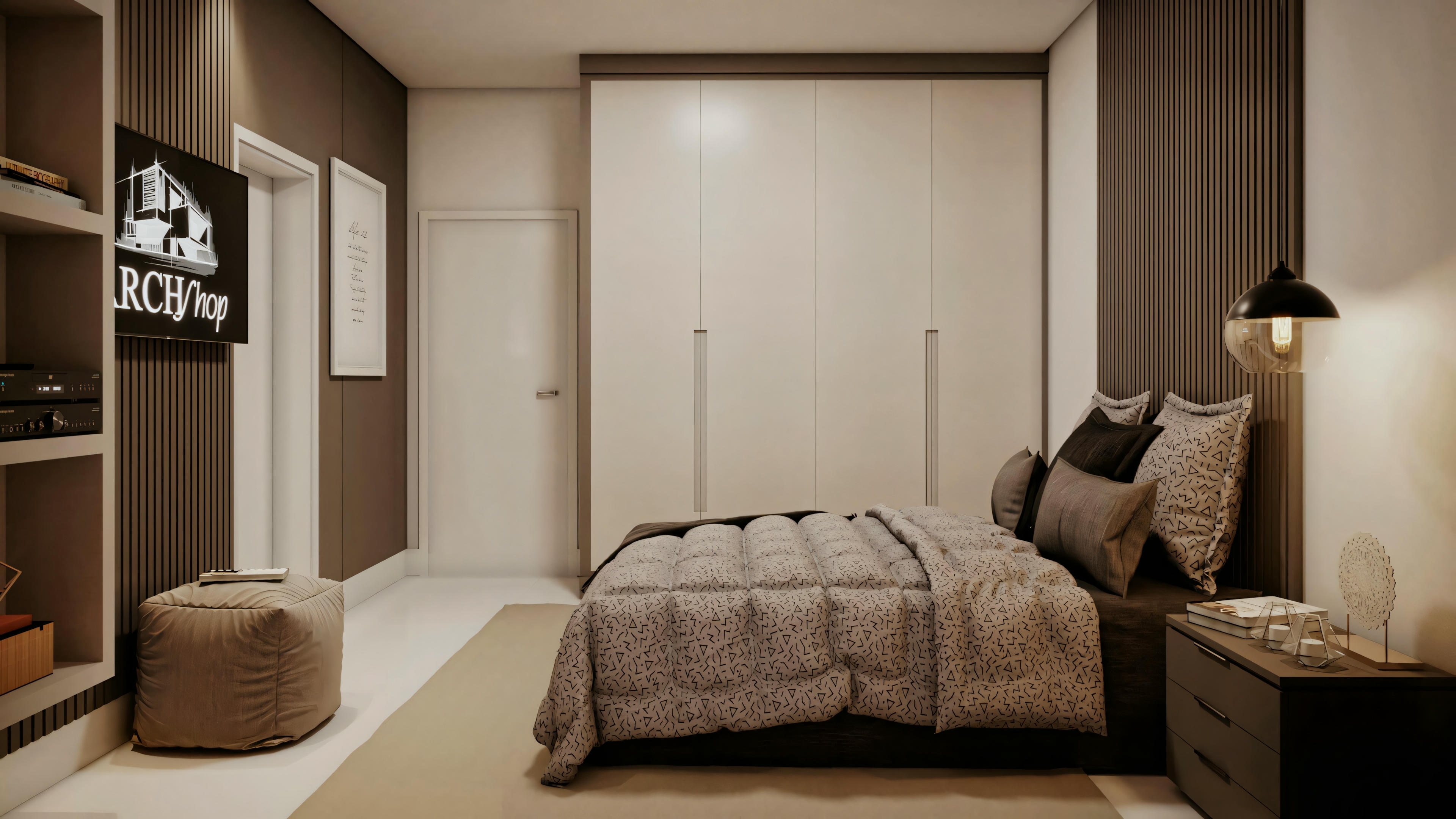 Um quarto com tons neutros e roupa de cama com padrão, criando um ambiente elegante e sereno.