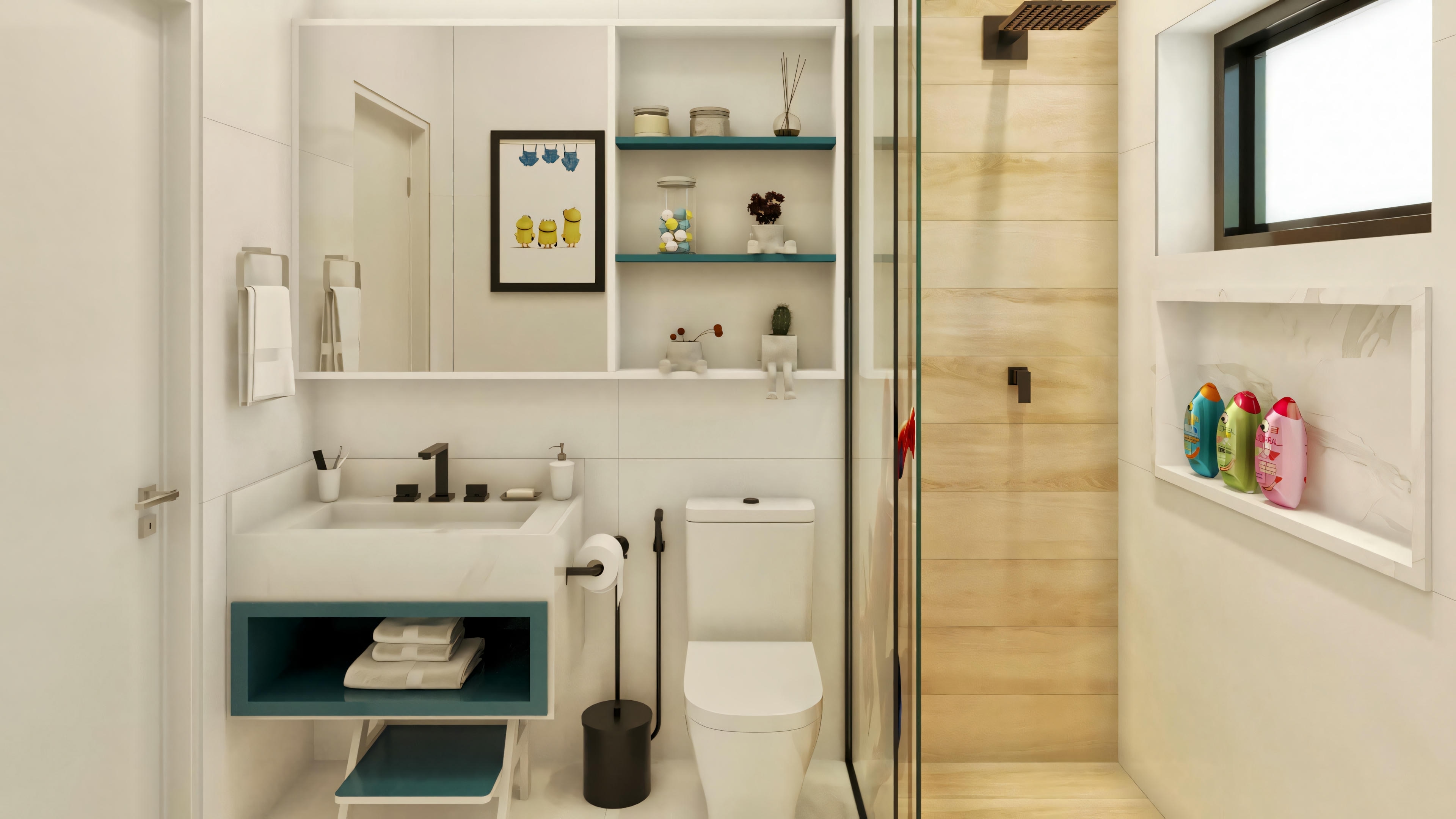 Second suite bathroom in the ready-made project with 5 suites, featuring a white countertop with a vessel sink, blue niche, mirror, glass shower enclosure, and shower niche.