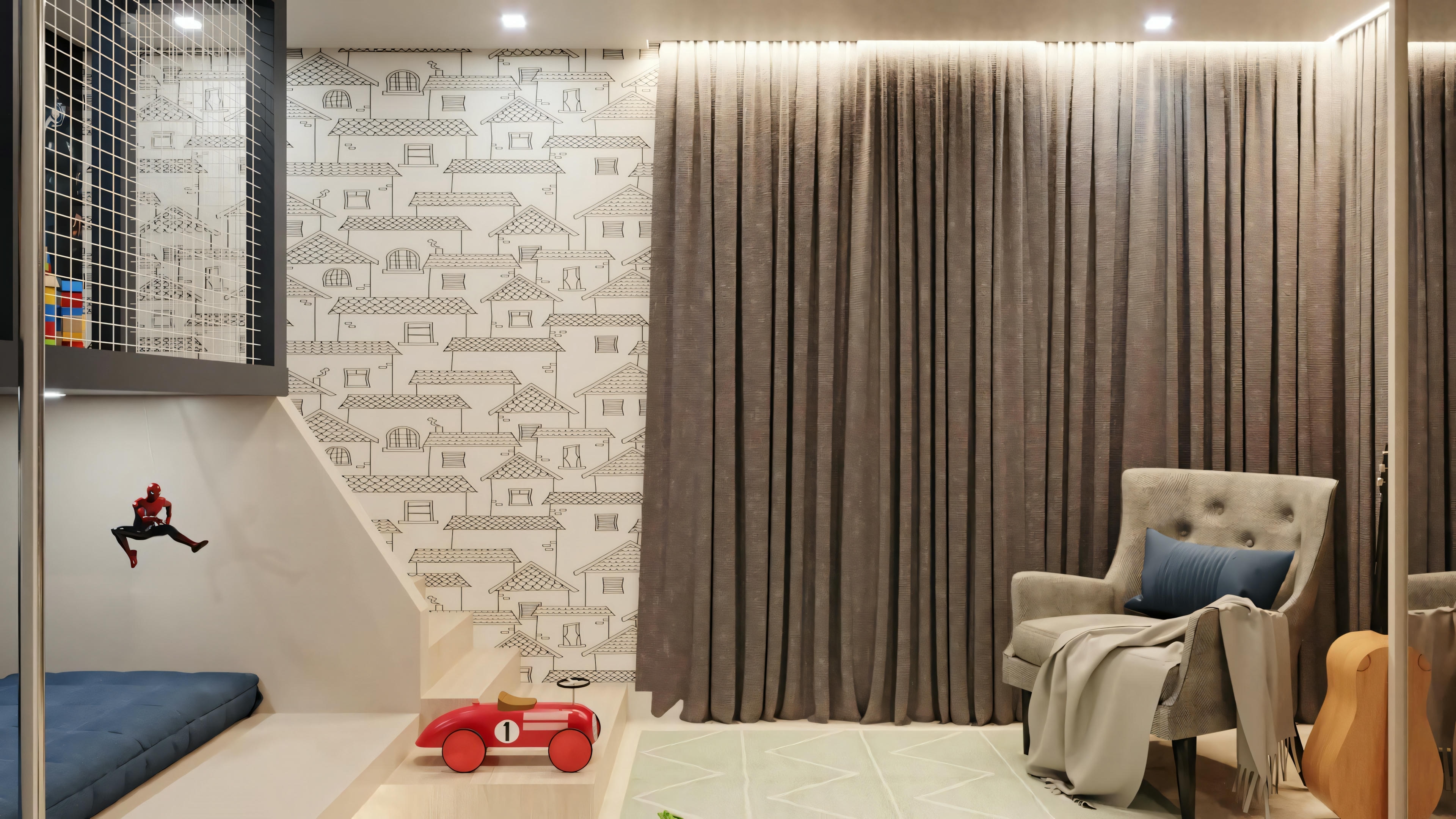 A room with similar wallpaper, a bed with pillows, a small chair to the side, and toys on the floor.