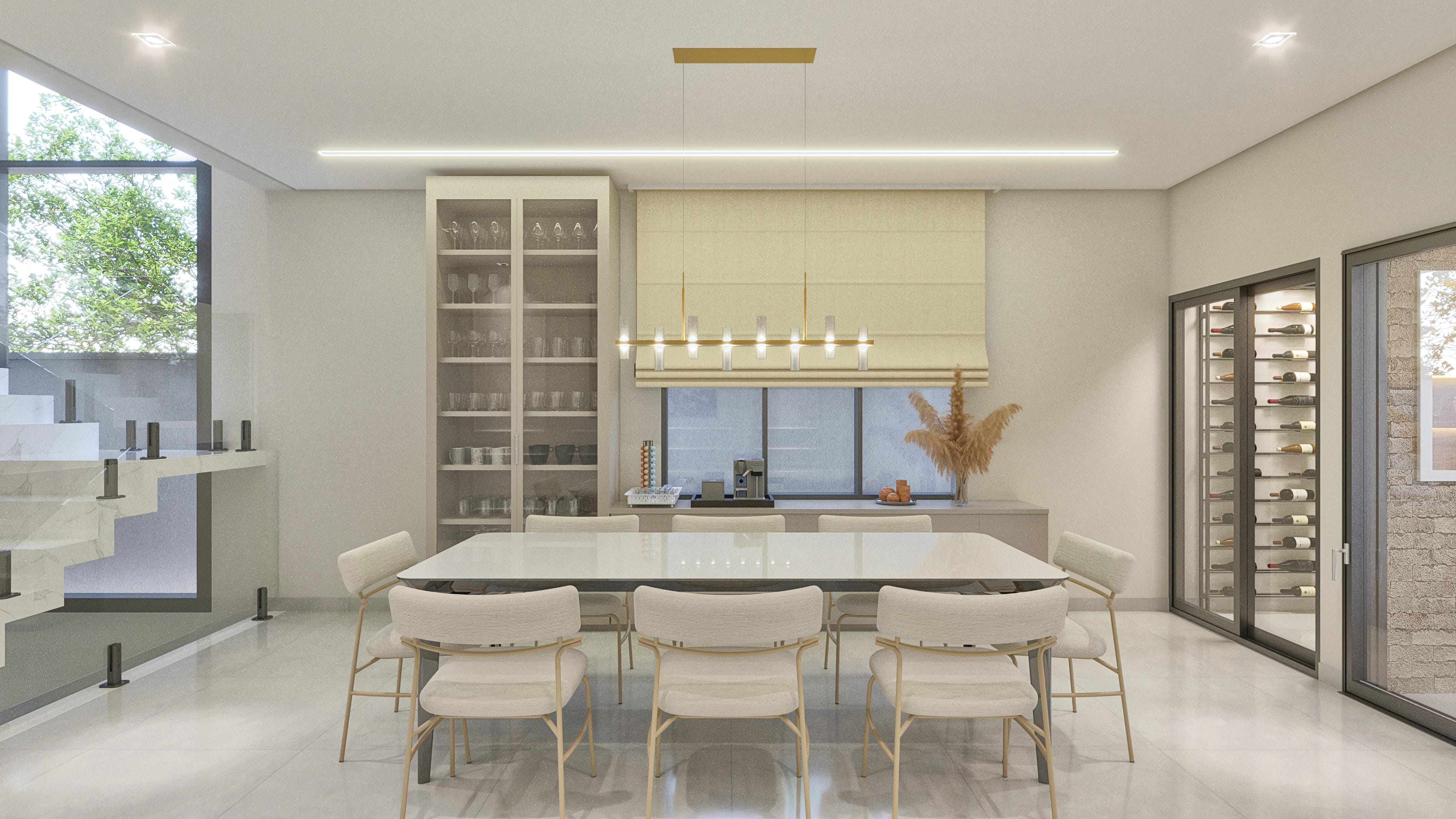 Interior de uma sala de jantar e adega moderna, com mesa ampla, cadeiras estofadas, cristaleira iluminada e adega climatizada com garrafas de vinho.
