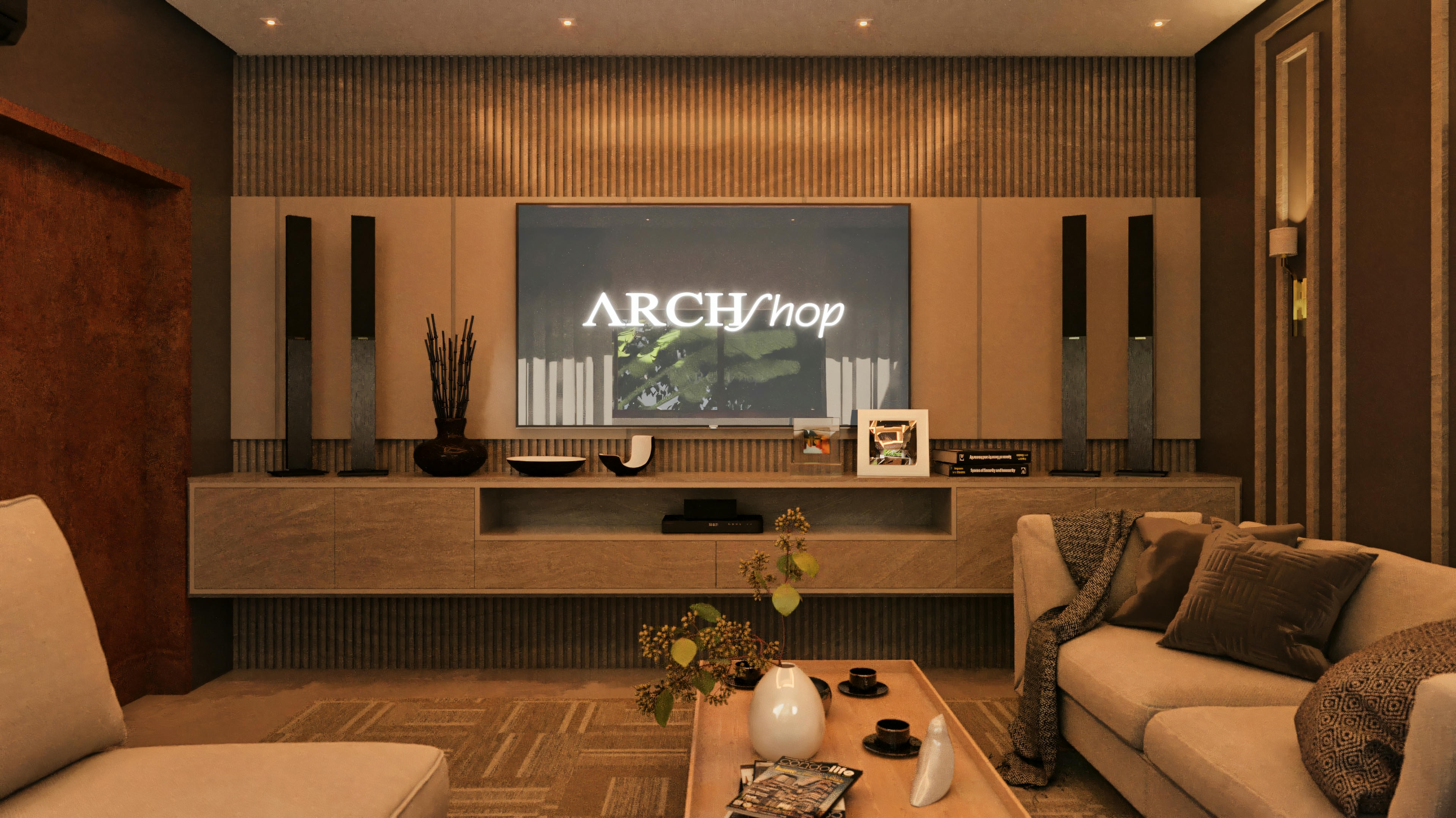 Salón de TV sofisticado en casa de lujo, equipado con un gran panel de madera laminada, sistema de home theater, mueble de entretenimiento de madera clara, sofás beige e iluminación ambiente.