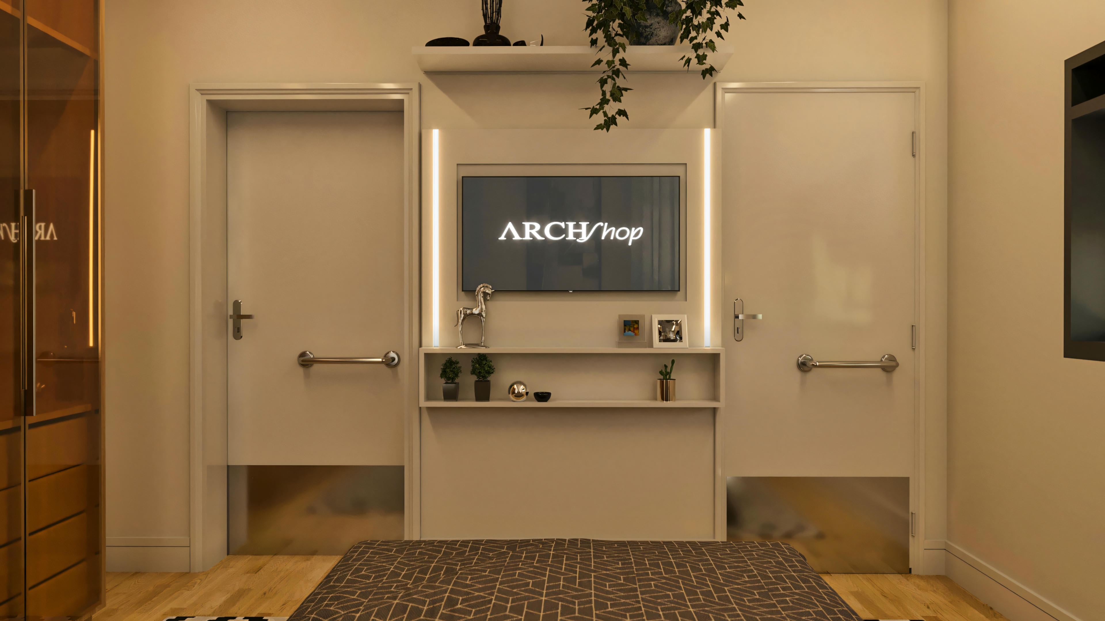 Front view of the suite bedroom in a 4-suite house project, showing a TV panel centered between two white doors, likely accessing the bathroom and closet.