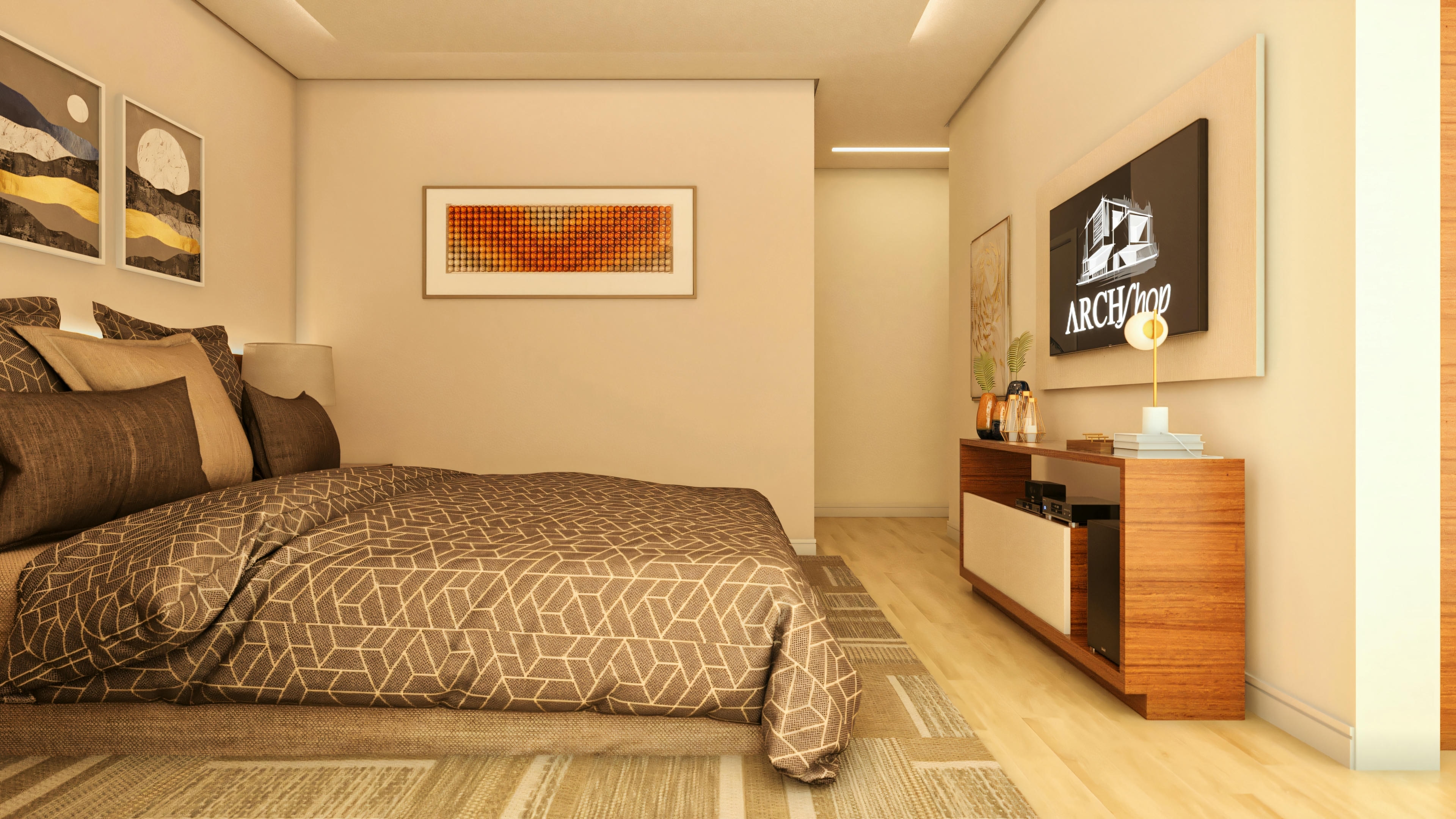 View of the suite in a high-standard house with 5 bedrooms, showing the bed, TV panel with console, and modern lighting.