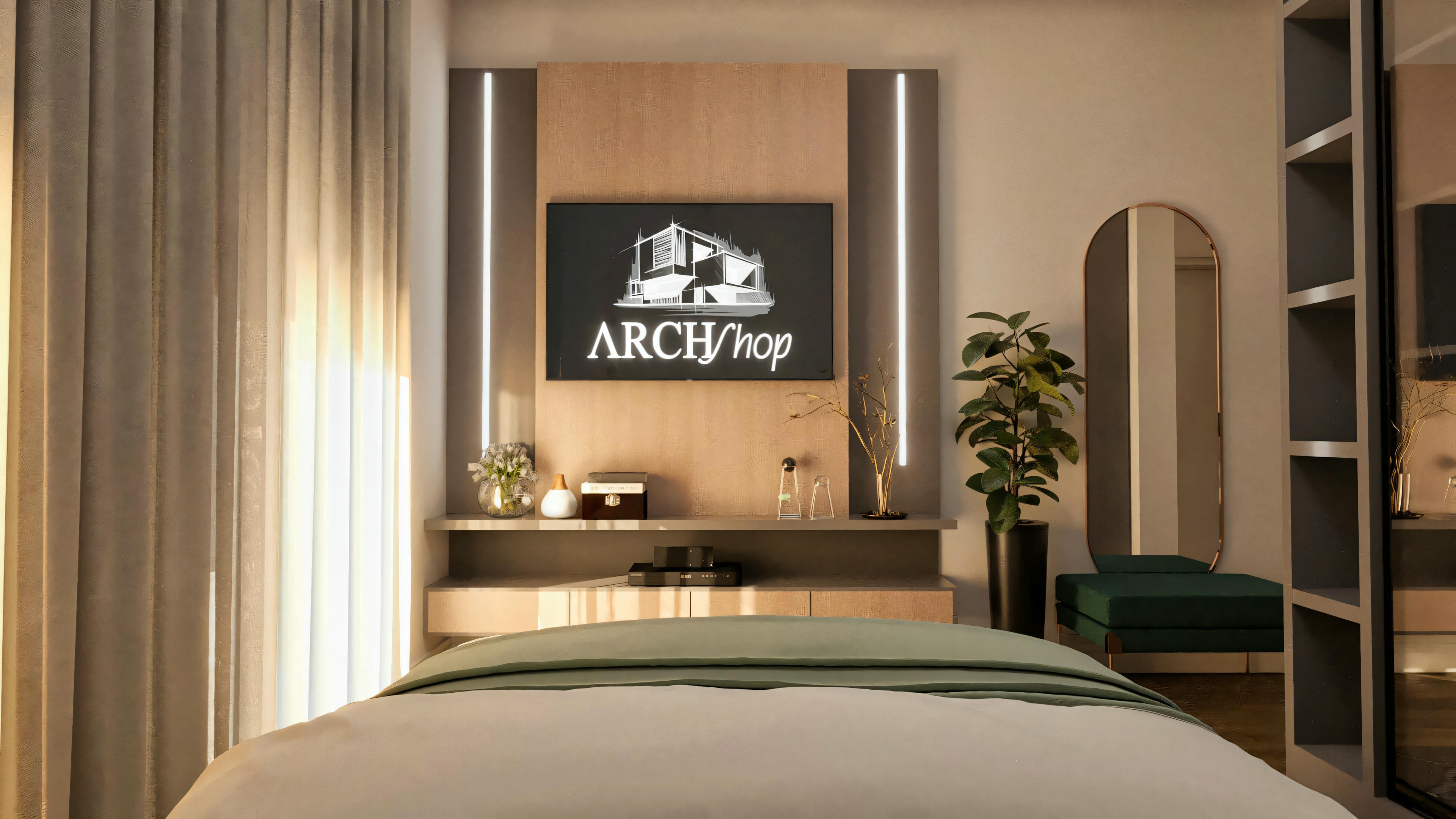 Detail of the TV panel with built-in LED lighting in one of the 3 suites of the 194.7m² two-story house (10x25 plot). Environment shows a suspended rack, floor-standing arched mirror, and modern decor viewed from the bed.
