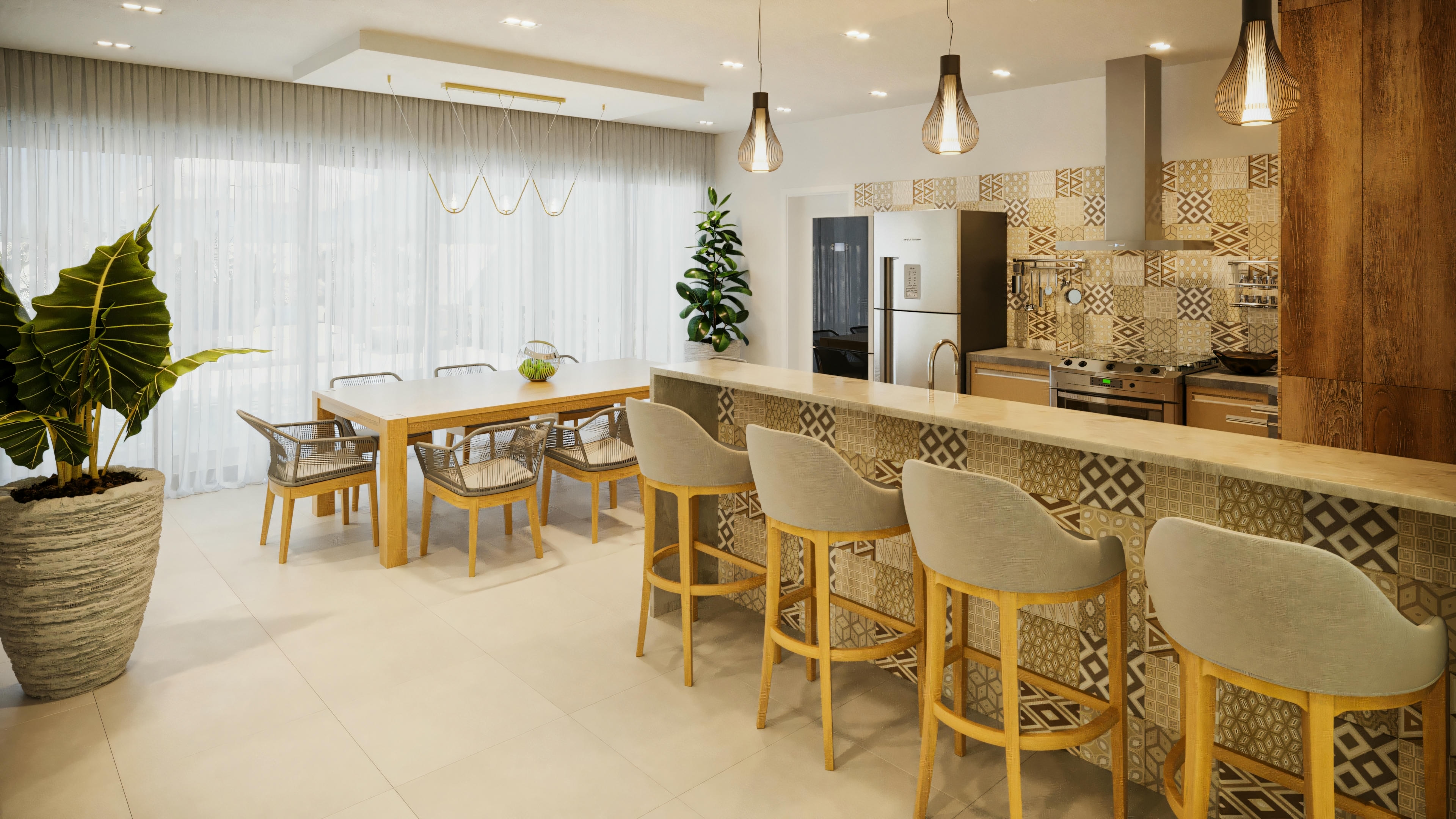 Zona gourmet con encimera y banquetas integrada al comedor con mesa y sillas, en casa con 3 suites, piscina y diseño moderno.