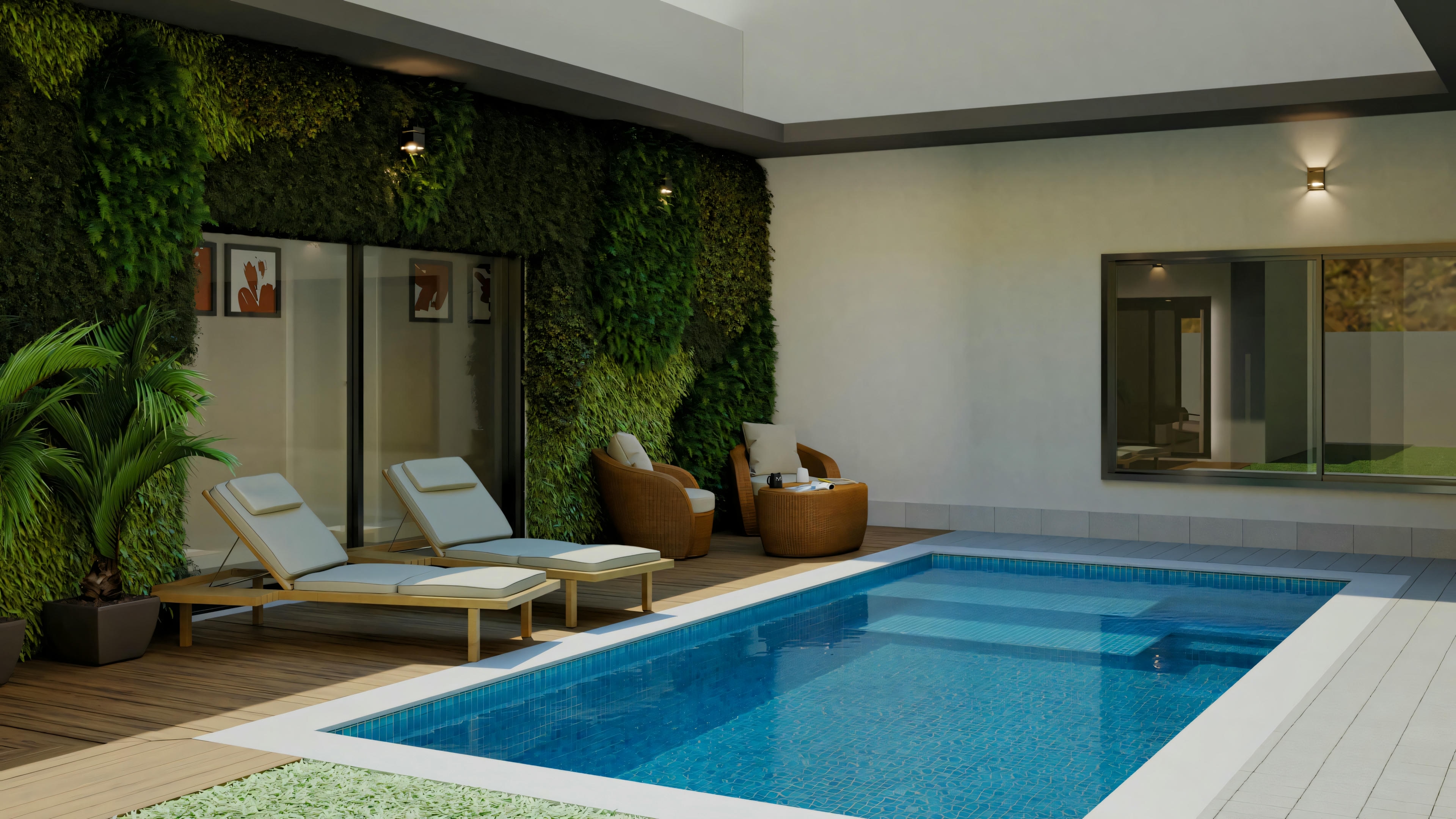 Área interna con piscina, silla de descanso y plantas en las paredes.