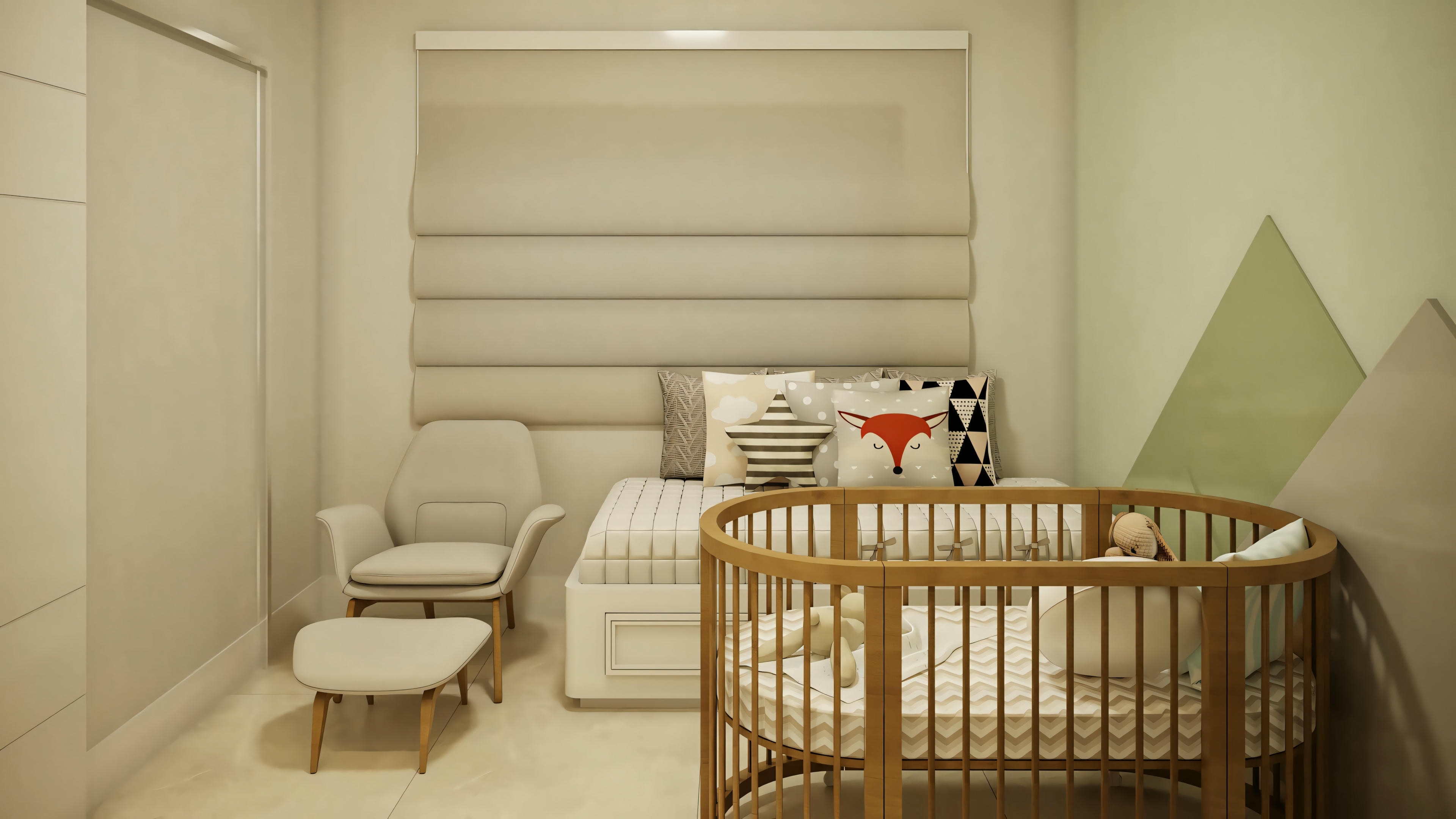 Another baby room with a crib, toys, and a mountain mural on the wall.