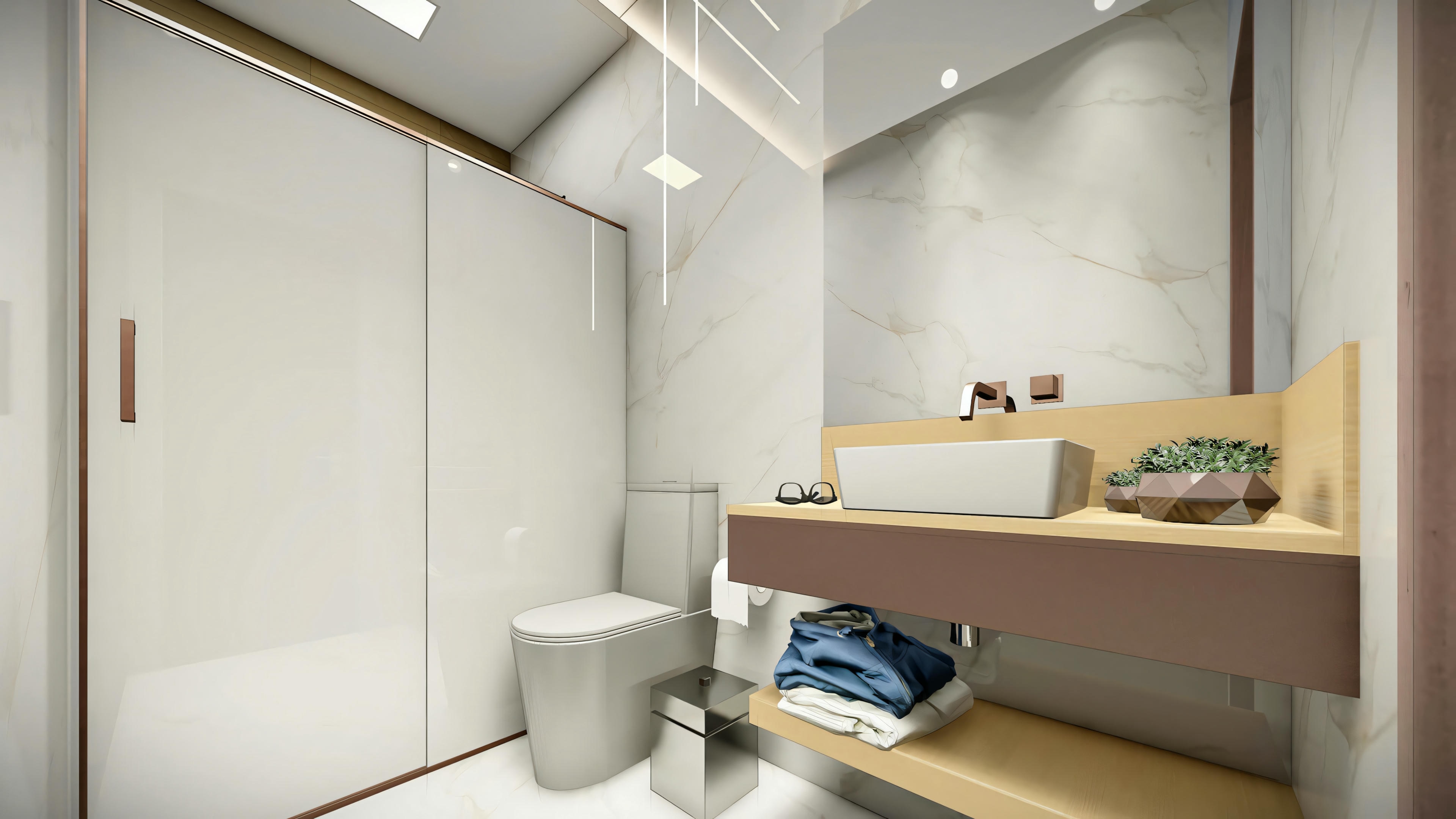 Design de banheiro contemporâneo no projeto da casa, apresentando bancada suspensa com acabamento amadeirado ou laca neutra, cuba de apoio retangular, torneira moderna, espelho sobre a bancada, paredes com revestimento de porcelanato imitando mármore claro, vaso sanitário e box de banho (ou armário alto) com portas claras.