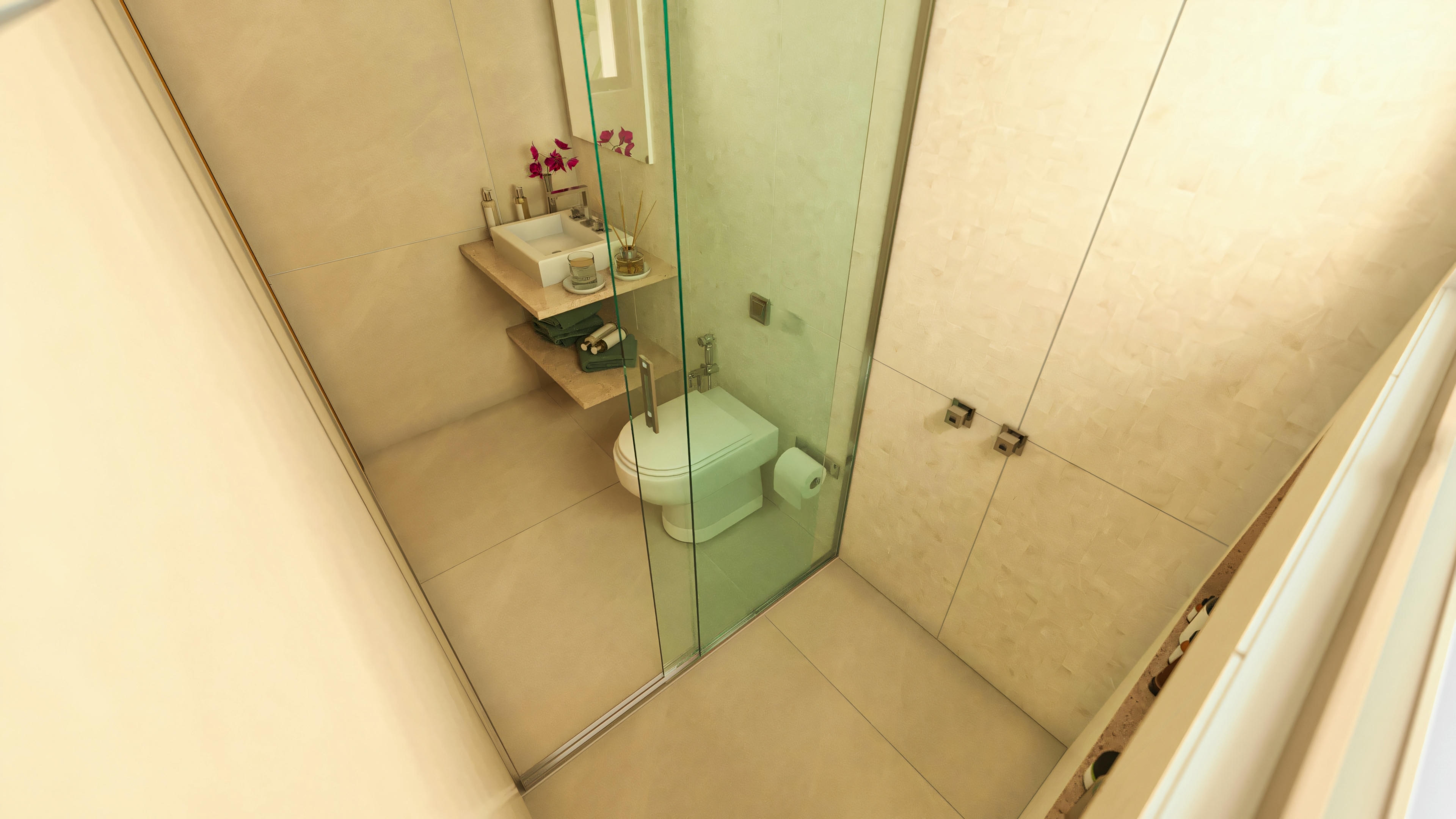 Baño con ducha de cristal y piso claro, diseño minimalista.