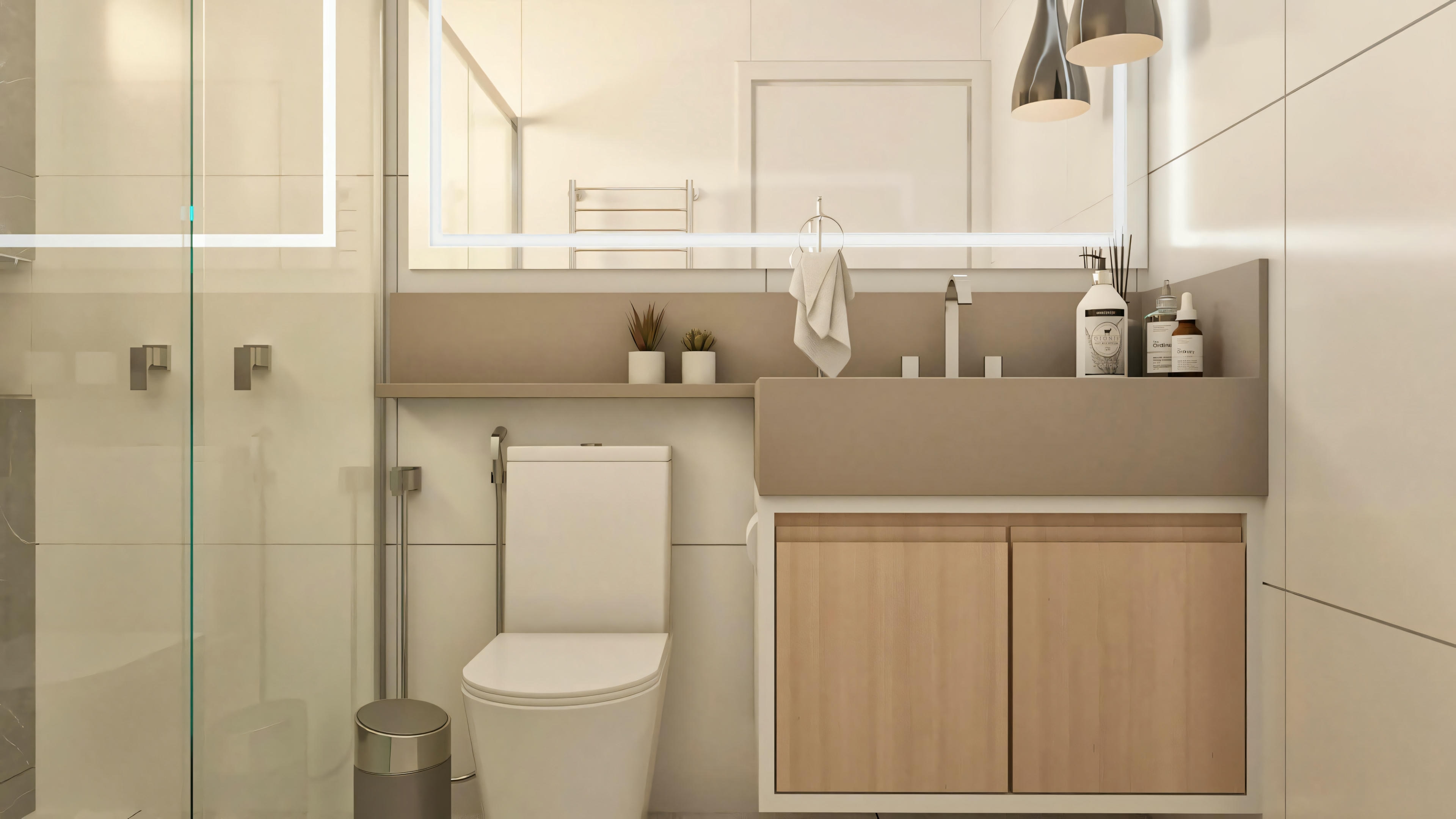 Detalle de uno de los 5 baños de la casa de dos pisos de 194.7m² en lote 10x25. Ambiente con encimera y lavabo integrado en tono neutro, armario inferior amaderado, espejo iluminado por LED, sanitario moderno y revestimiento en porcelanato.