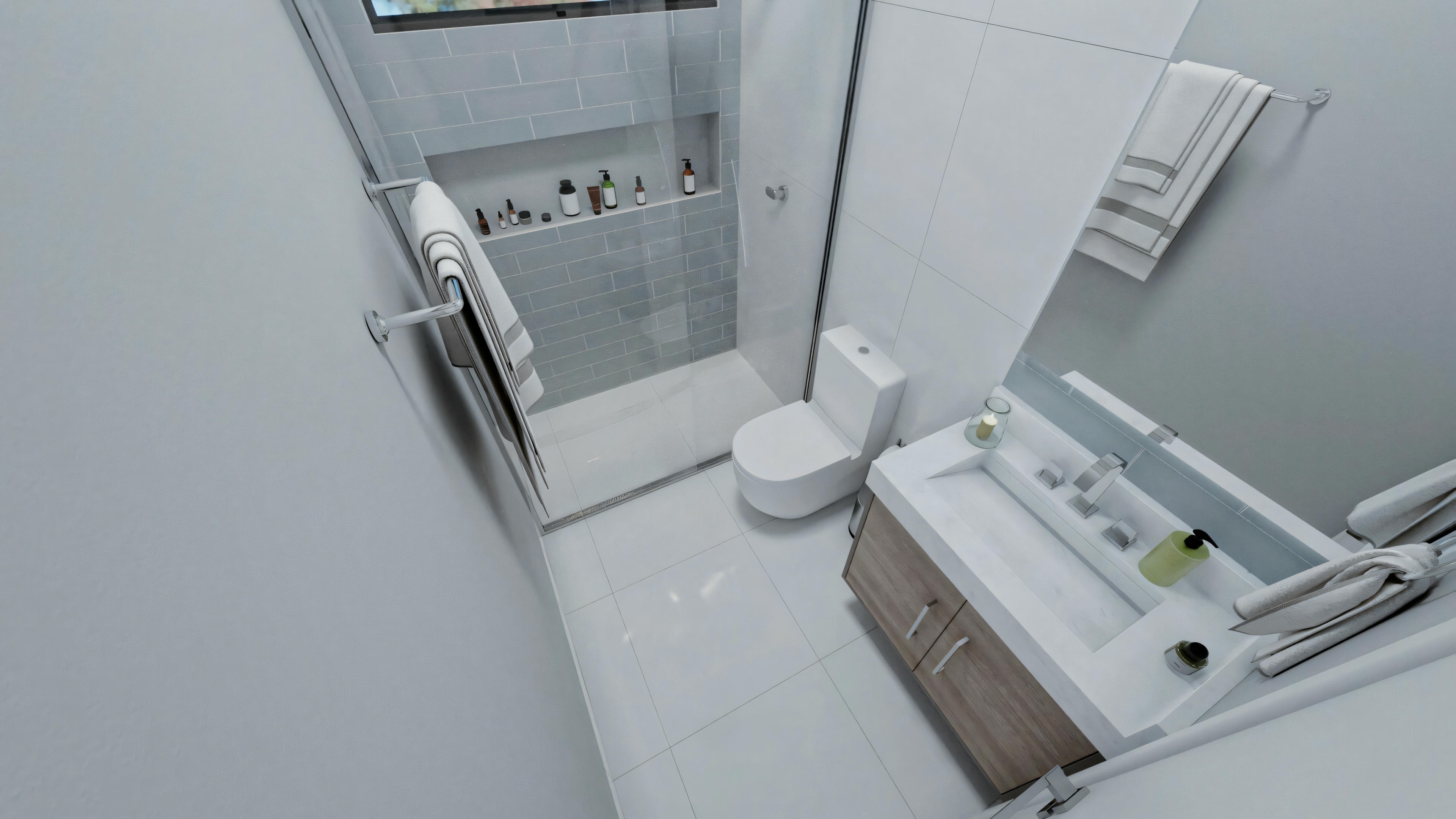 Vista amplia de un baño moderno con bañera, ducha con puertas de vidrio y una ventana que permite la entrada de luz natural.