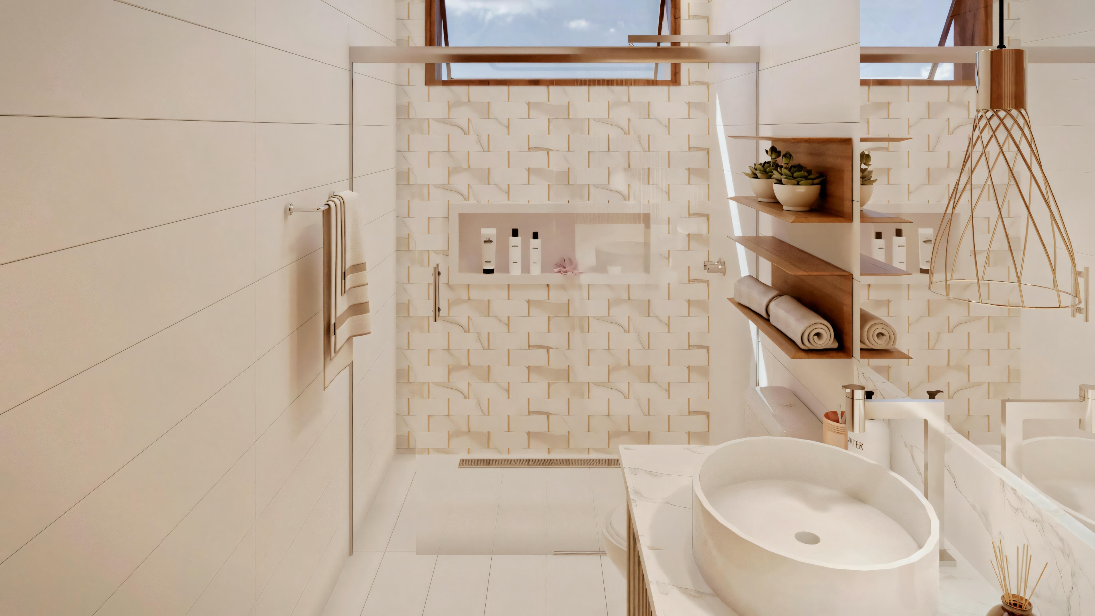 A bathroom with beige tiles, toilet to the right, bidet next to it, and shower area with glass doors in the background.