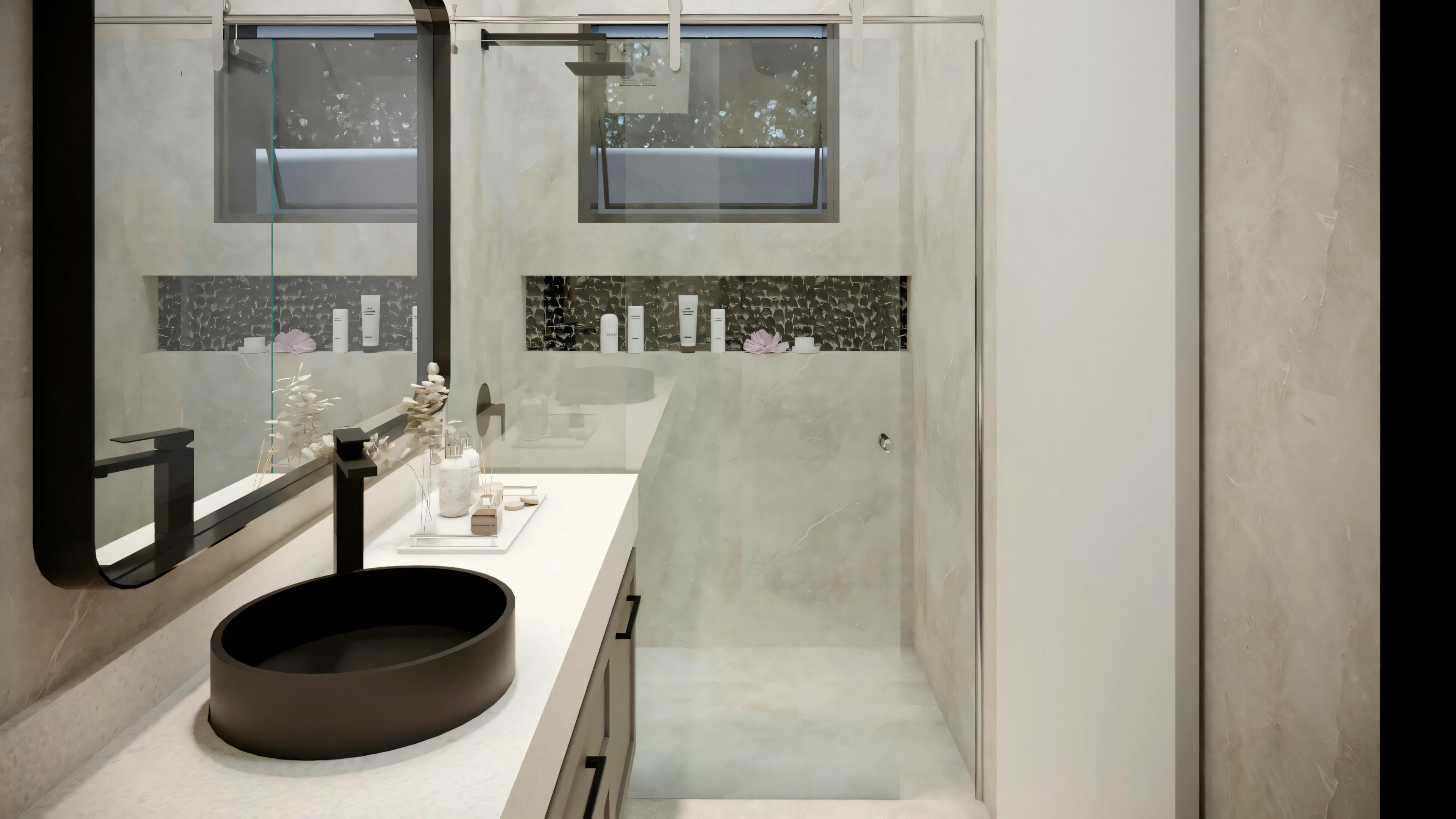 A bathroom with a double sink, large mirror, and minimalist decor.