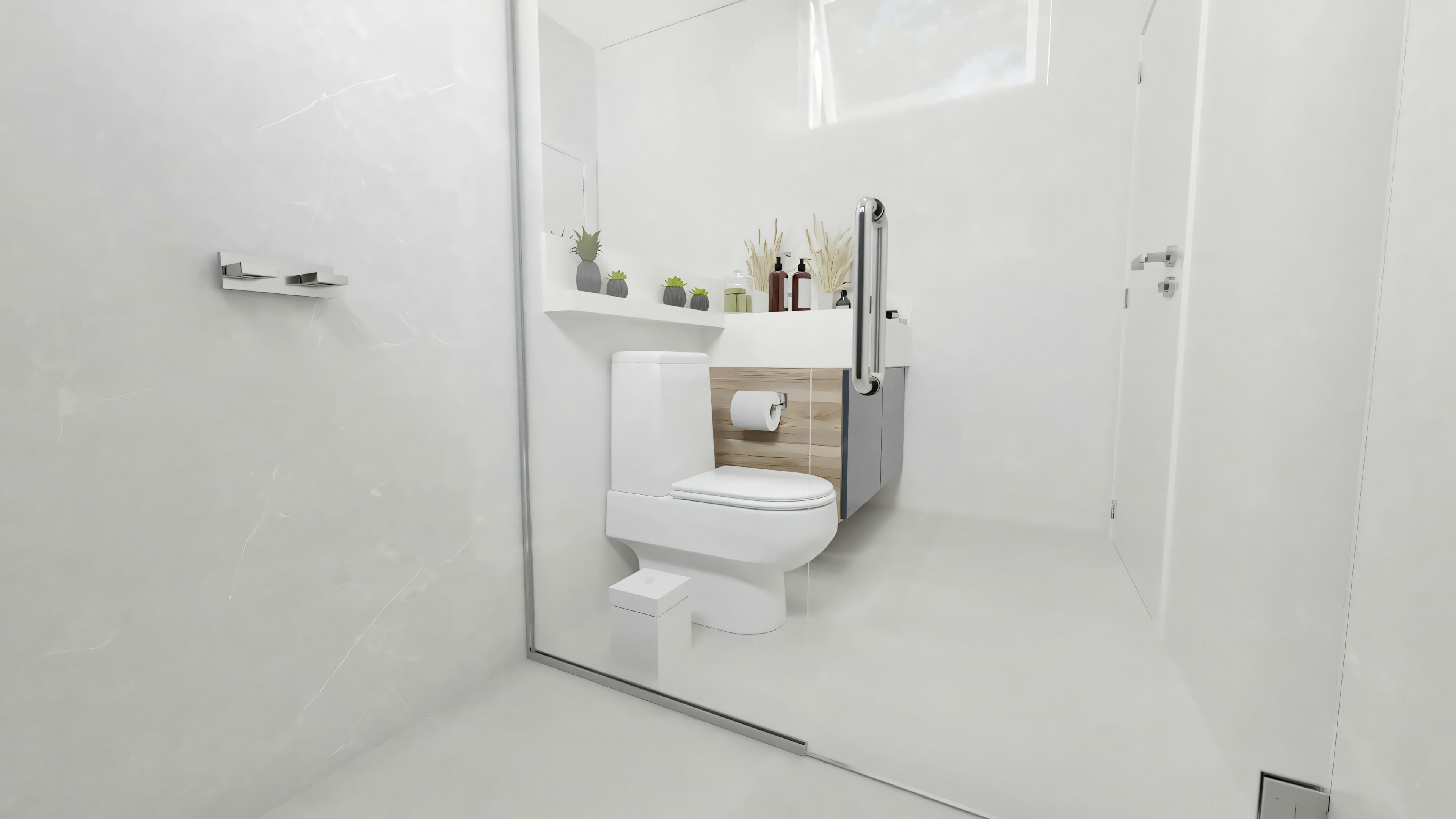Bathroom detail in the single-story house project with 3 bedrooms and pool. Toilet, shelf and part of the shower visible. Archshop architectural project.