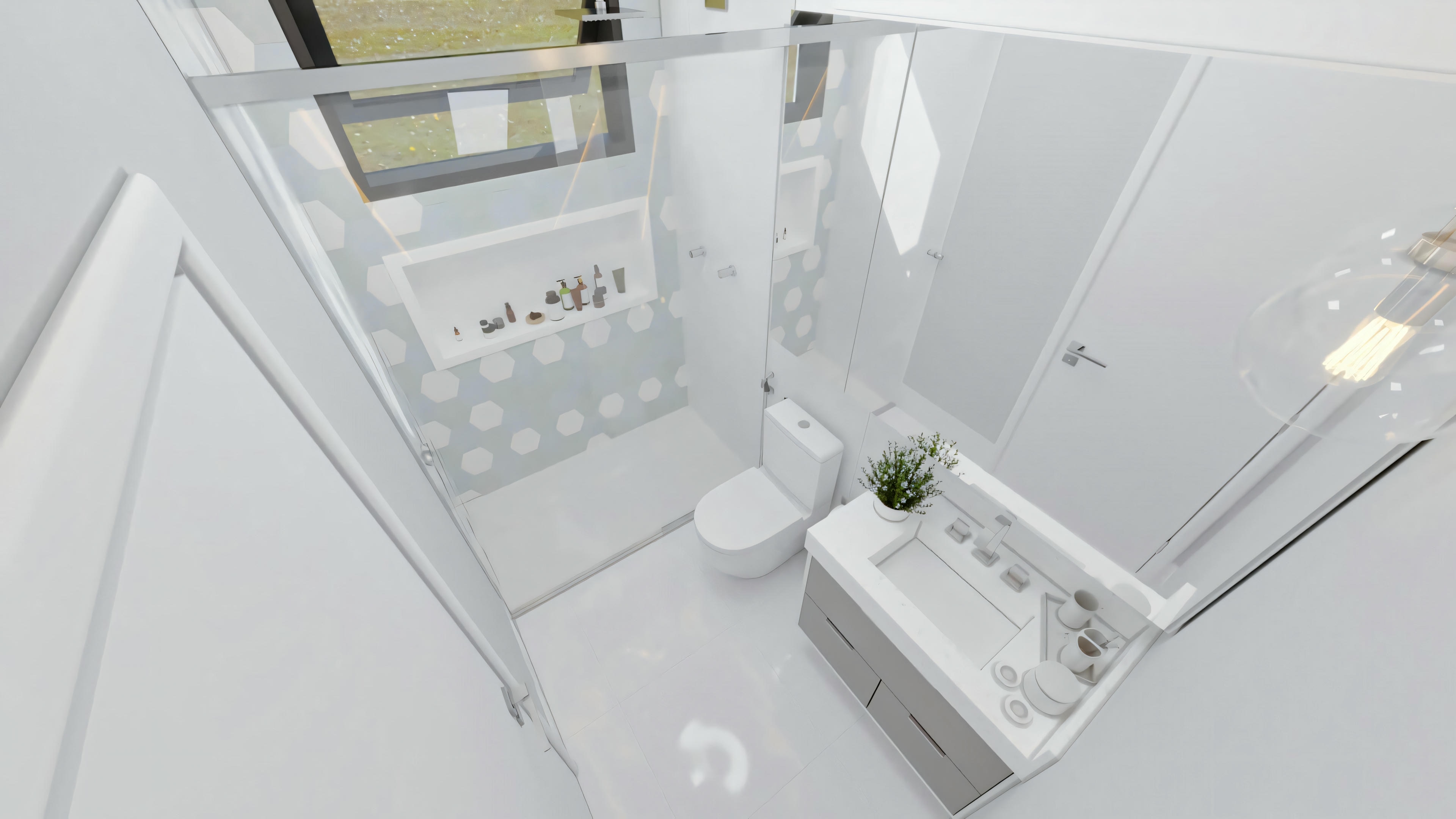 A bathroom with white tiles, a shower area, and a white sink.