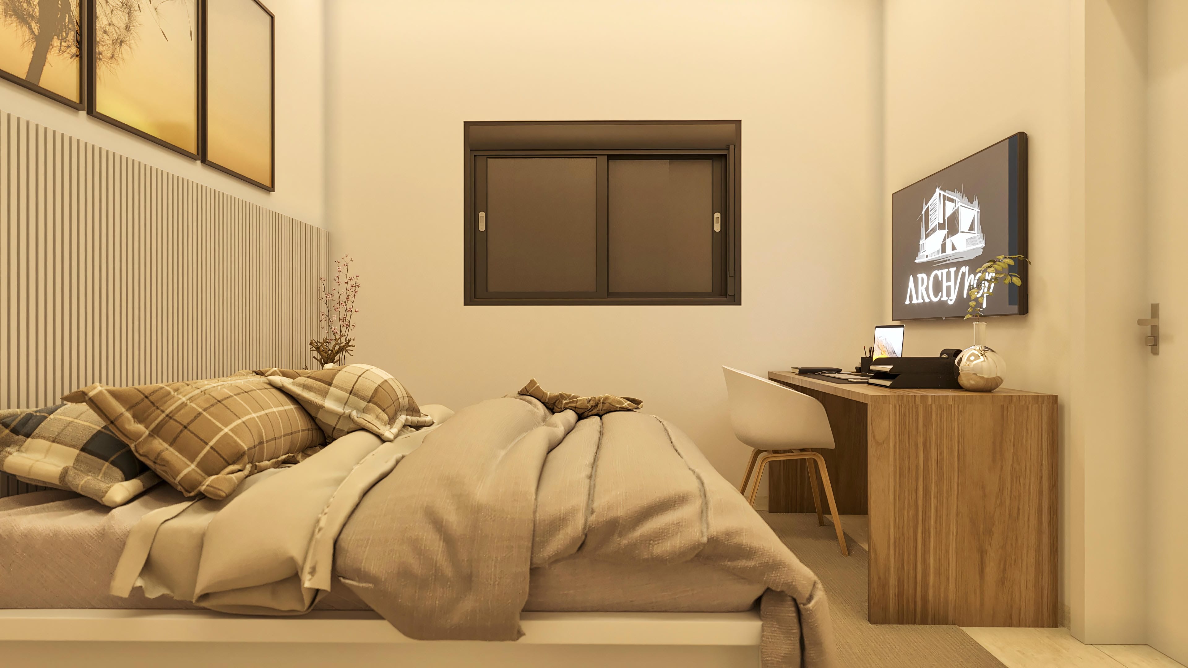 Bedroom interior with double bed, textured wallpaper and office desk. Elegant and cozy atmosphere with neutral tones decoration.