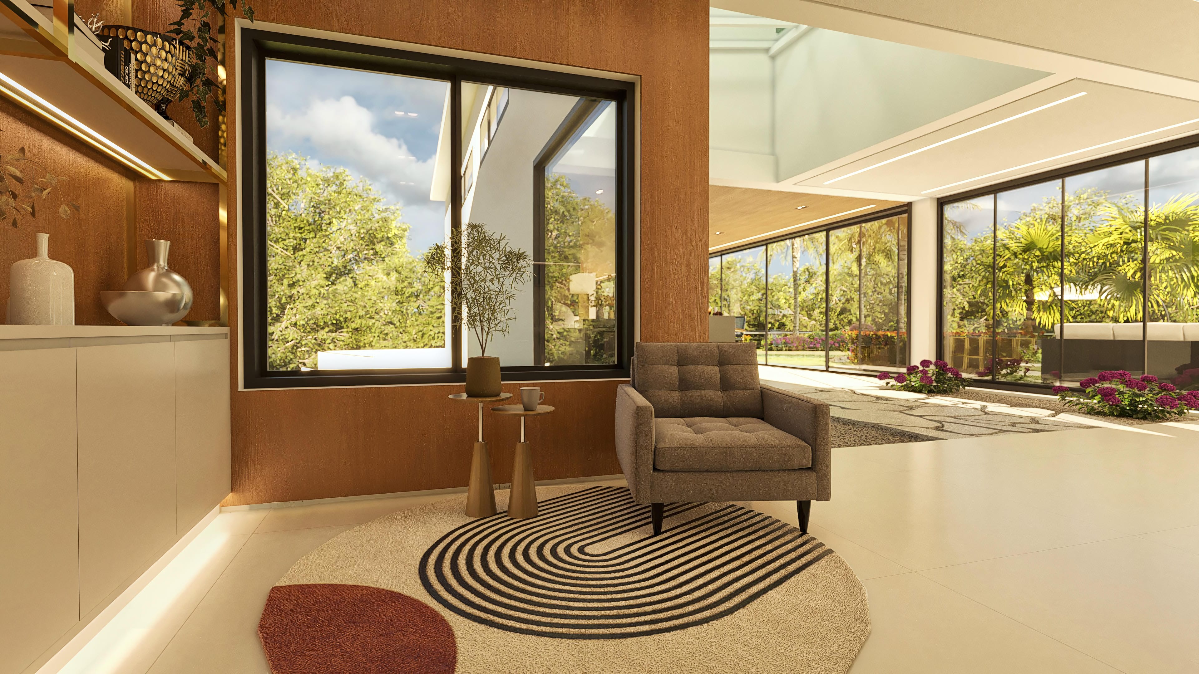 Vista interior de una casa de dos plantas moderna con amplios ventanales, mobiliario sofisticado y paisajismo exuberante, integrando lujo y naturaleza.