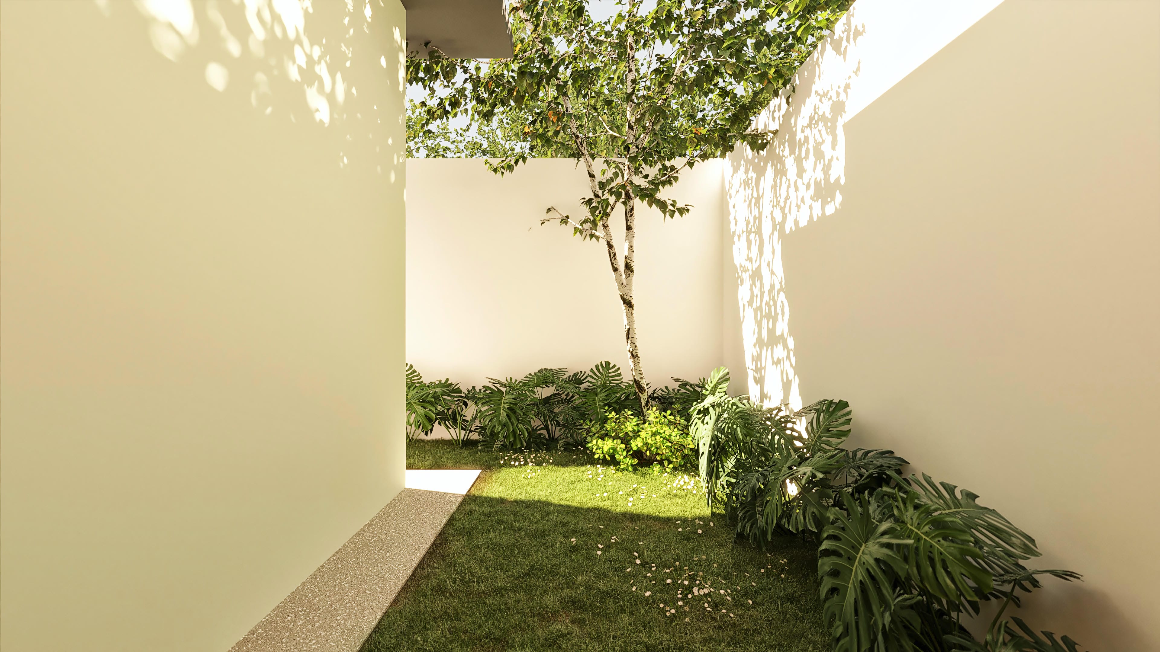 Vista de un patio con césped verde, arbustos exuberantes y un árbol. Un pasillo de concreto aparente con textura de gravilla conduce a un área con piso blanco. Paredes claras y sombras proyectadas crean un ambiente moderno.