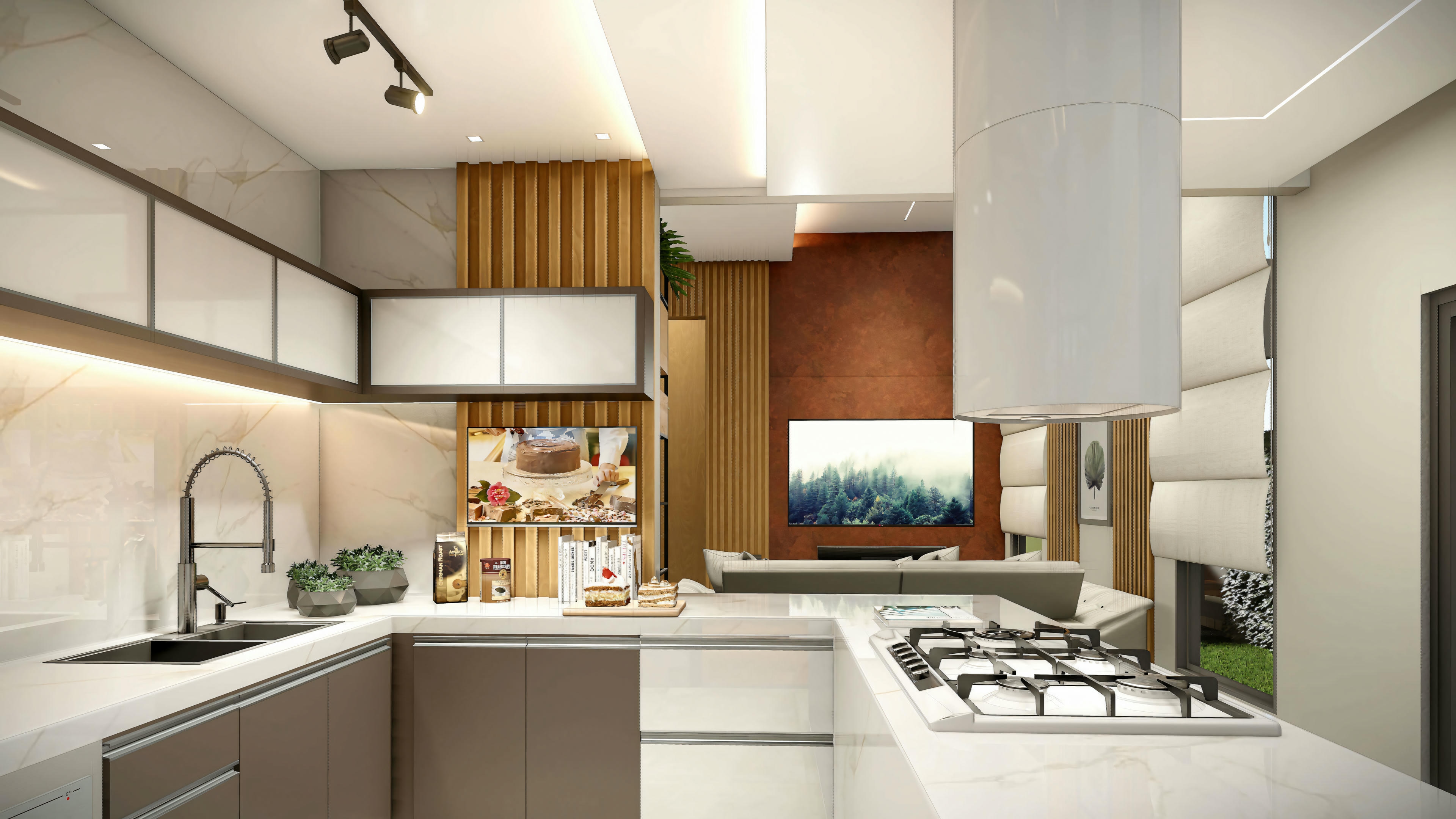 Una cocina moderna con electrodomésticos de acero inoxidable, armarios de madera e isla con taburetes.