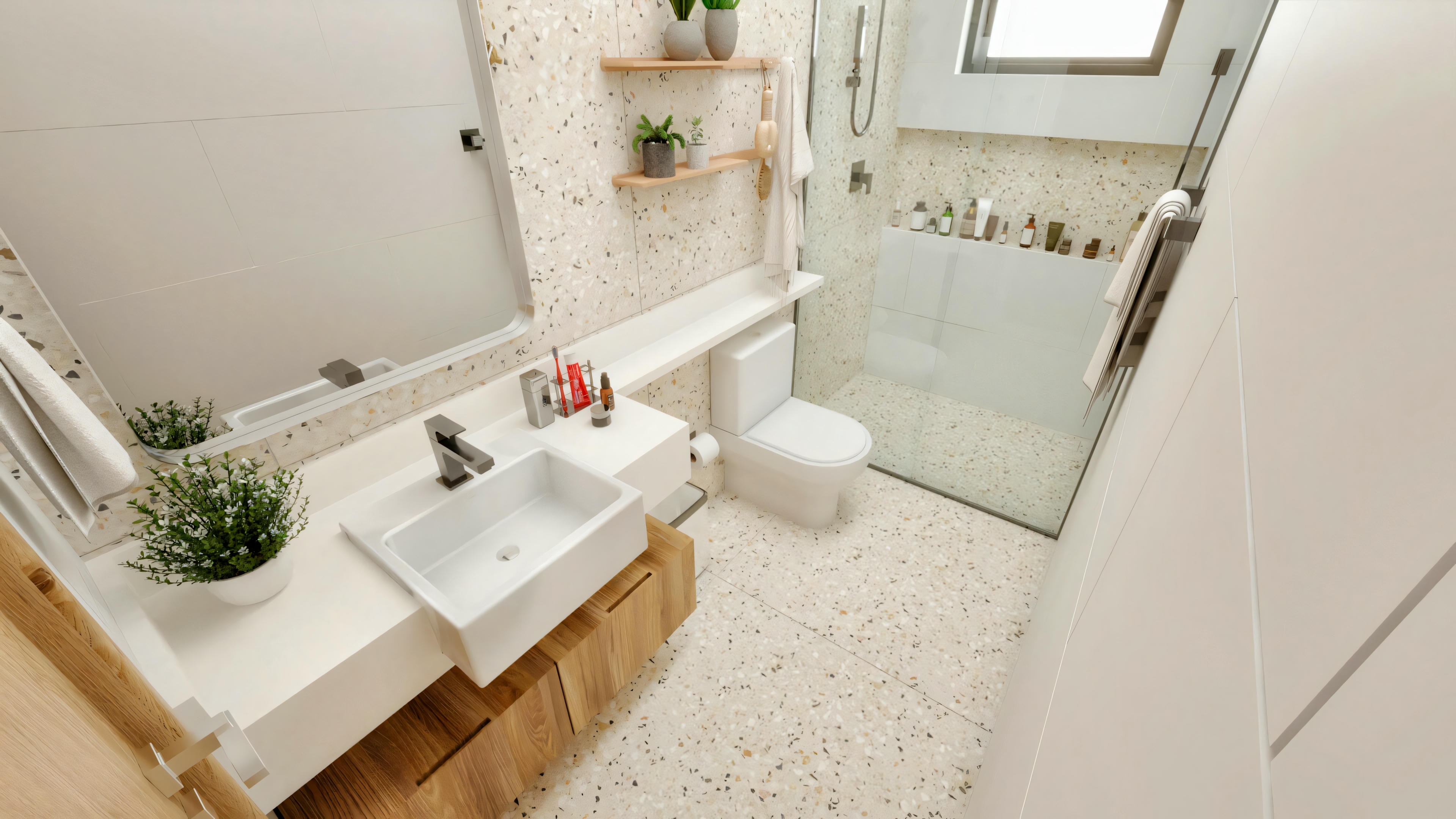Small country house bathroom with a rectangular sink on a wooden cabinet, white toilet, and glass shower stall.